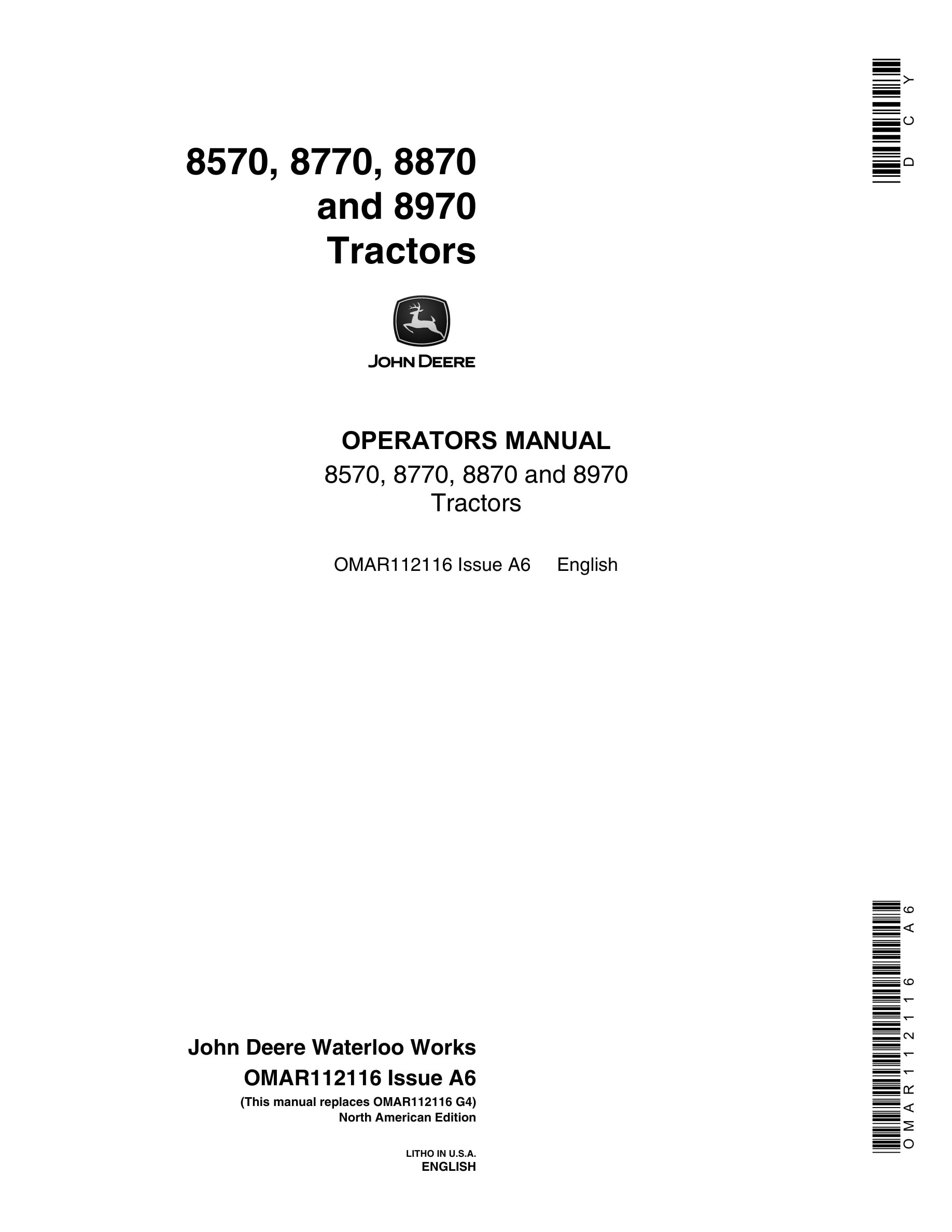 John Deere 8570, 8770, 8870 and 8970 Tractor Operator Manual OMAR112116-1
