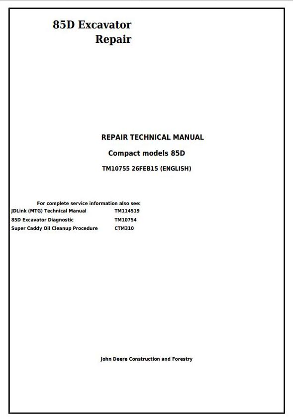 John Deere 85D Excavator Repair Technical Manual TM10755