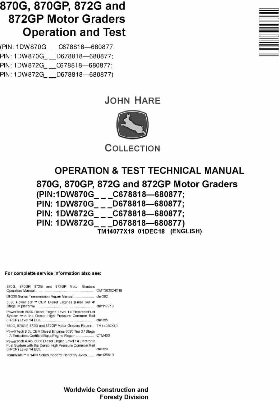John Deere 870G 870GP 872G 872GP Motor Grader Operation Test Technical Manual TM14077X19