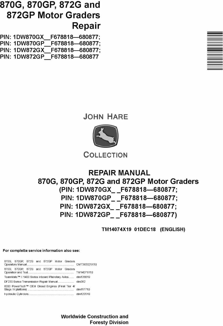 John Deere 870G 870GP 872G 872GP Motor Grader Repair Manual TM14074X19