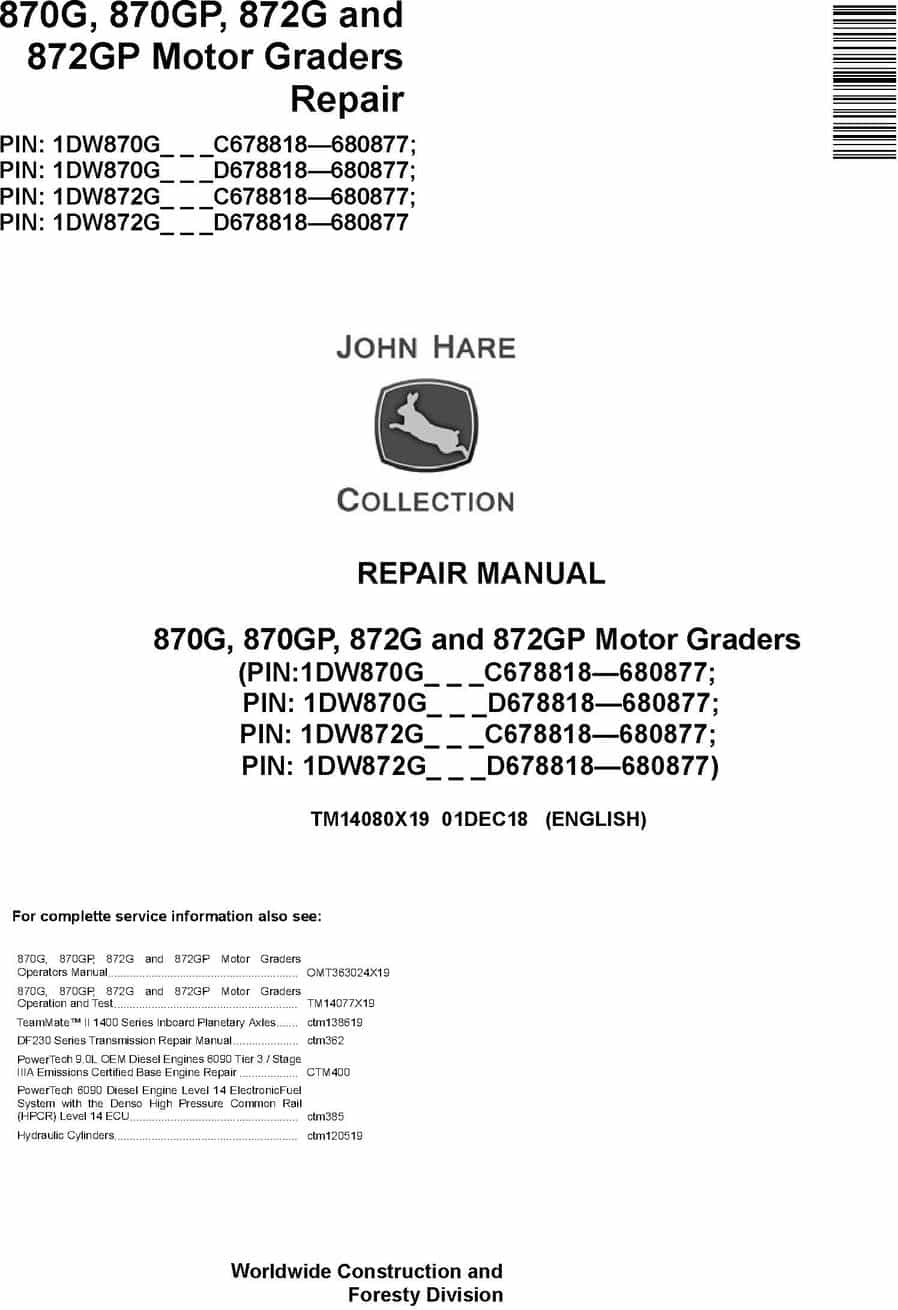 John Deere 870G 870GP 872G 872GP Motor Grader Repair Manual TM14080X19