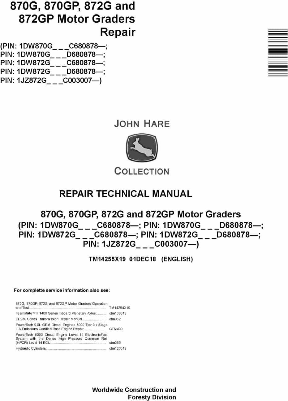 John Deere 870G 870GP 872G 872GP Motor Grader Repair Technical Manual TM14255X19