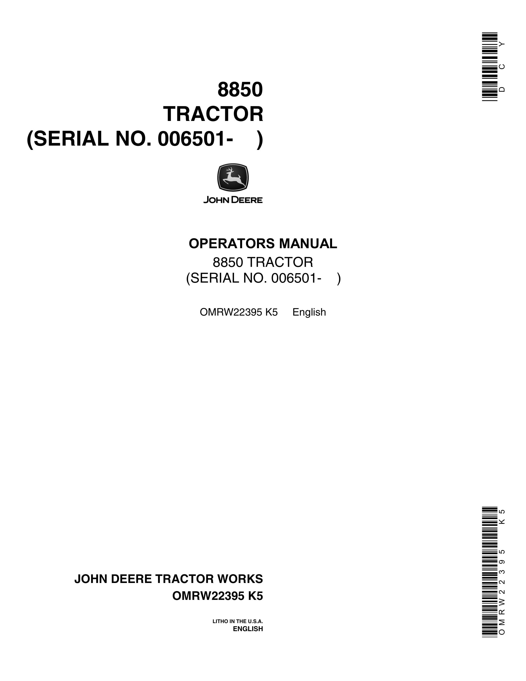 John Deere 8850 Tractor Operator Manual OMRW22395-1