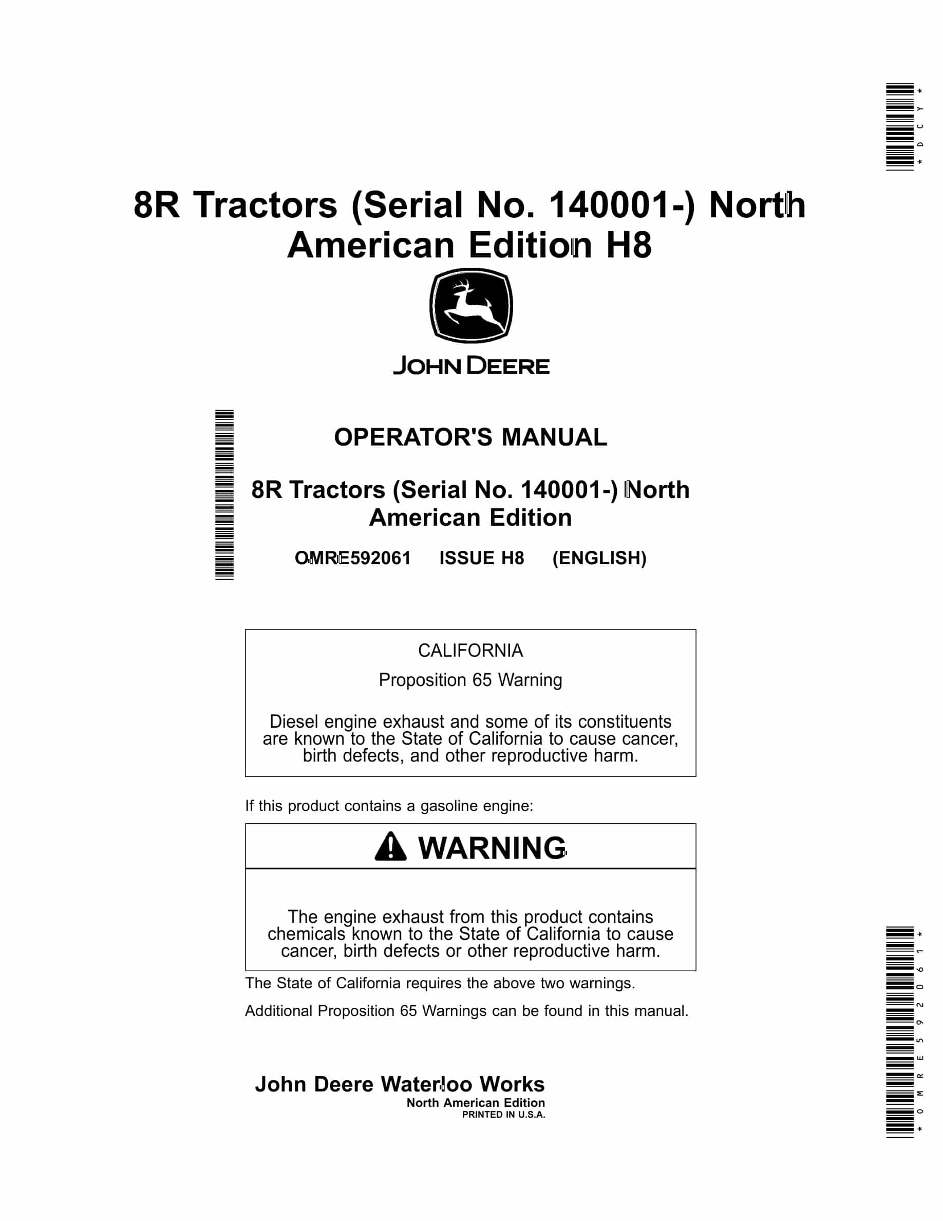 John Deere 8r Tractors Operator Manuals OMRE592061-1