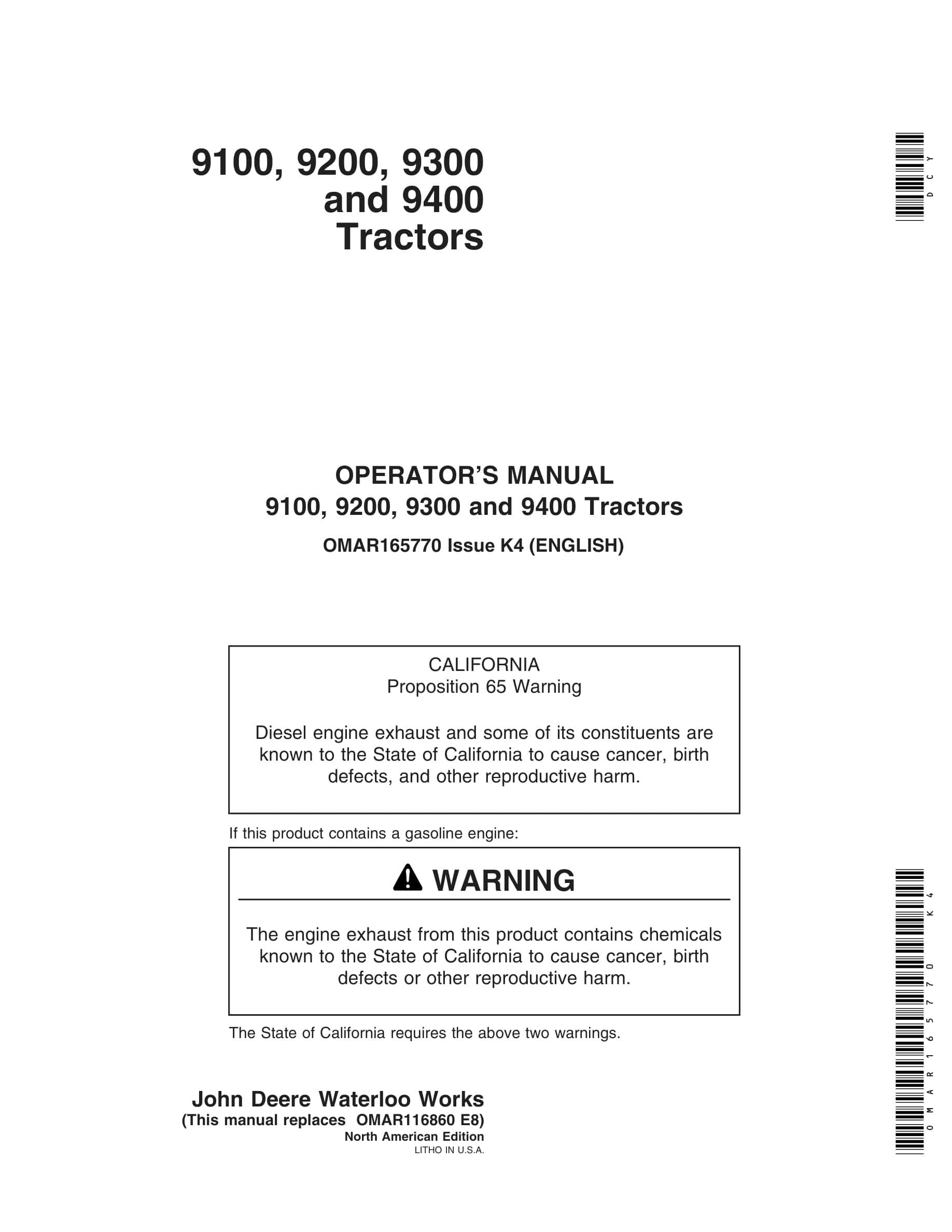 John Deere 9100, 9200, 9300 and 9400 Tractor Operator Manual OMAR165770-1