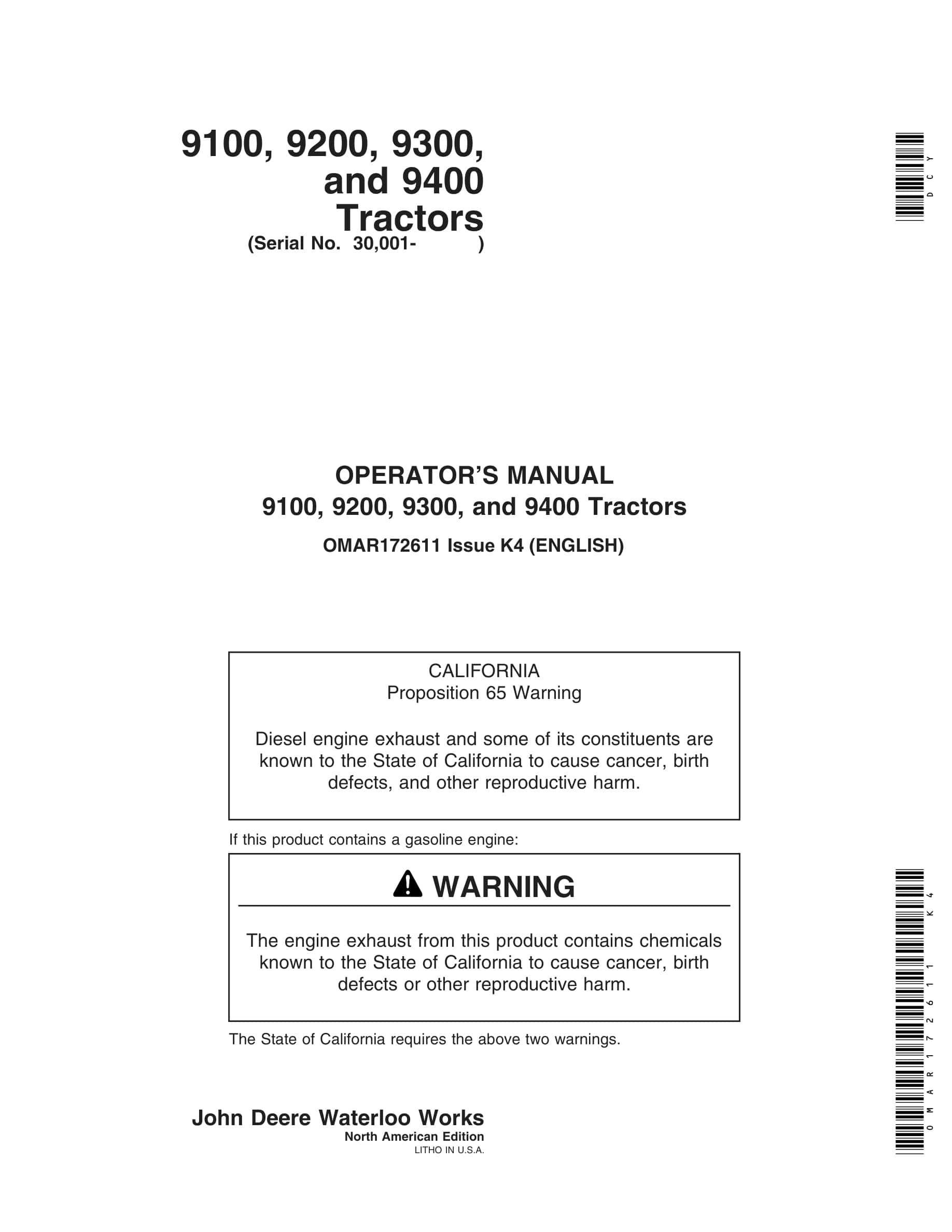 John Deere 9100, 9200, 9300, and 9400 Tractor Operator Manual OMAR172611-1