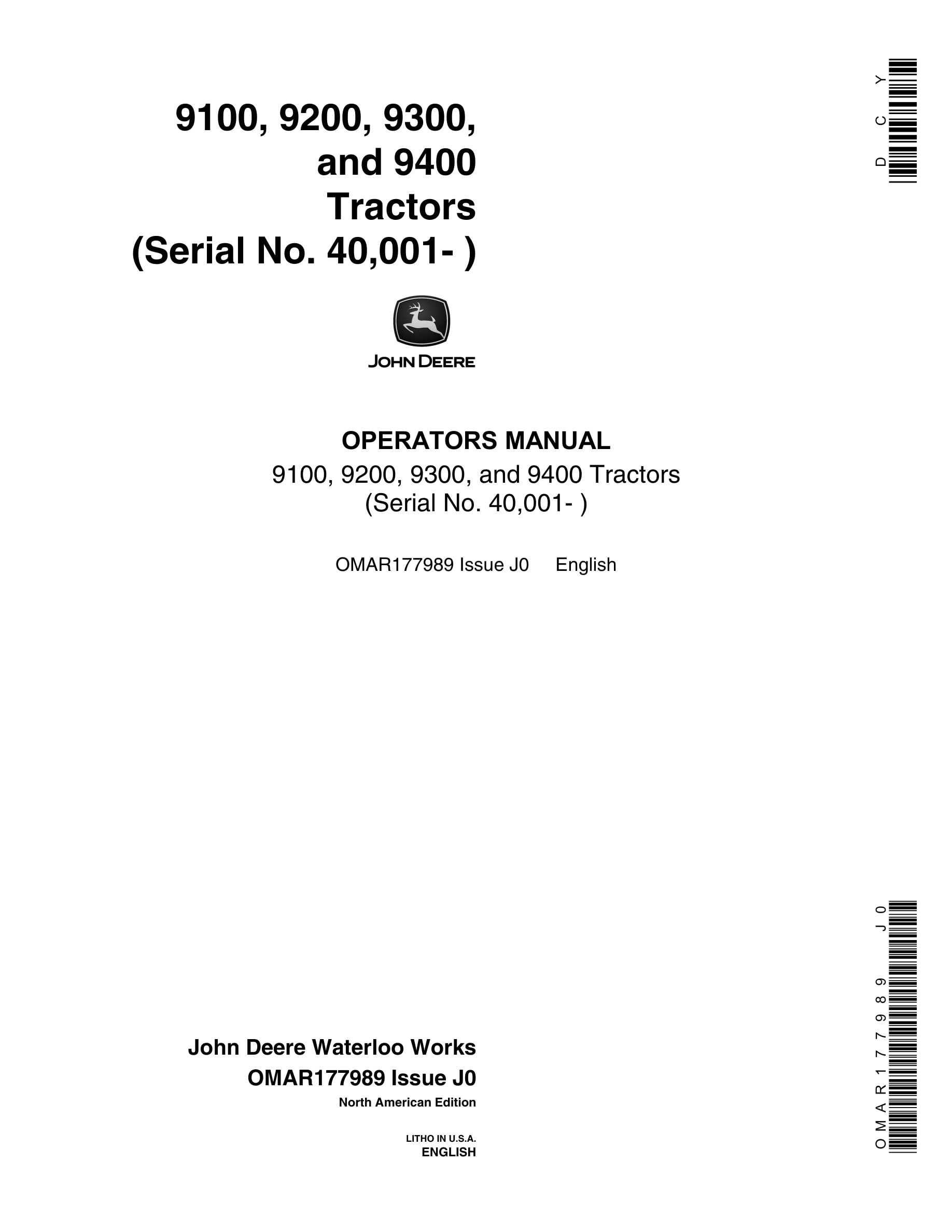 John Deere 9100, 9200, 9300, and 9400 Tractor Operator Manual OMAR177989-1