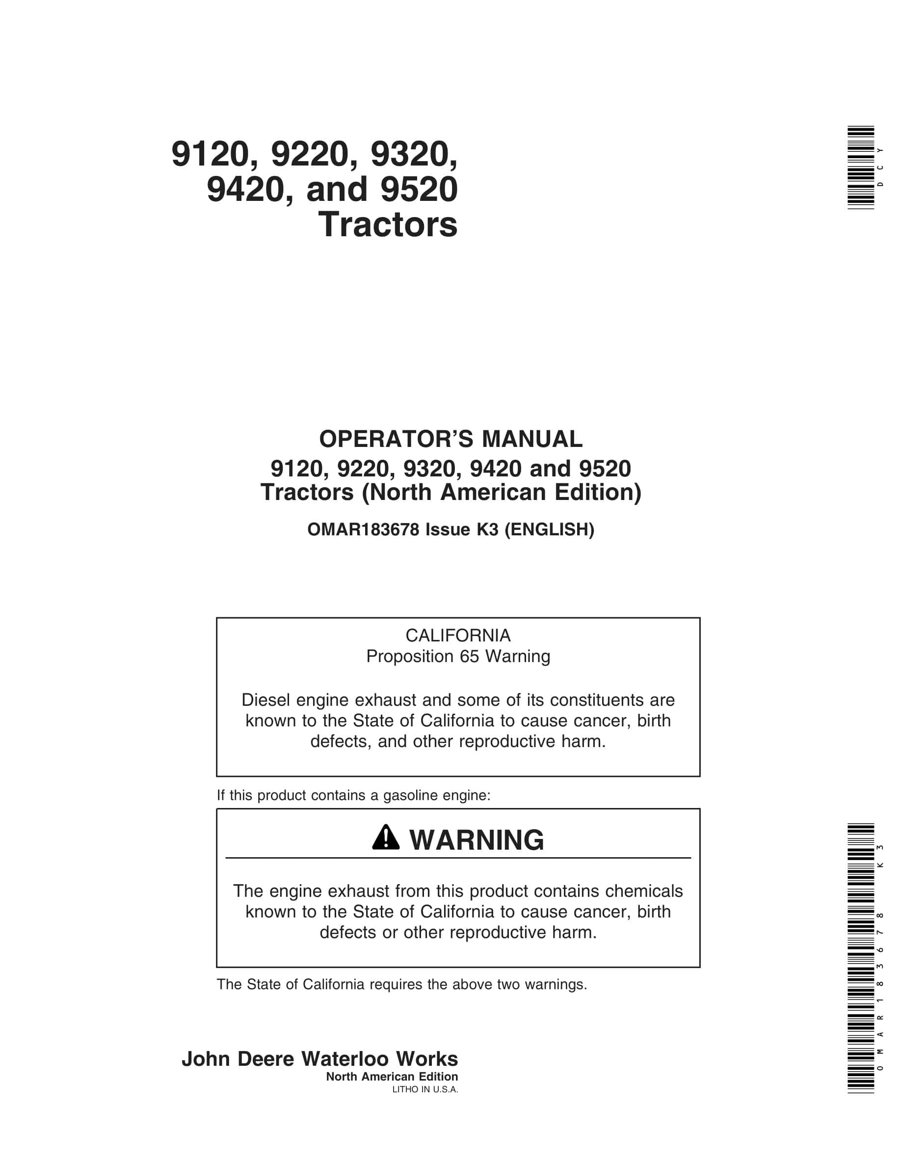 John Deere 9120, 9220, 9320, 9420 And 9520 Tractors Operator Manuals OMAR183678-1