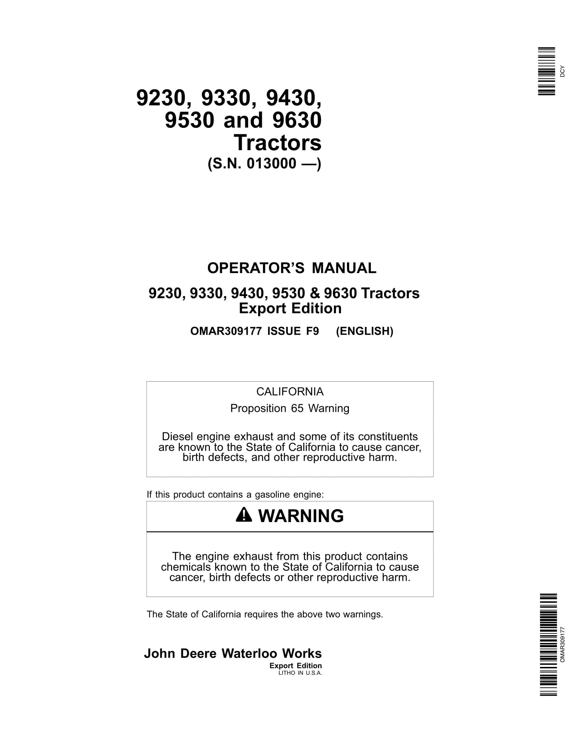 John Deere 9230 9330 9430 9530 9630 Tractors Operator Manuals OMAR309177-1