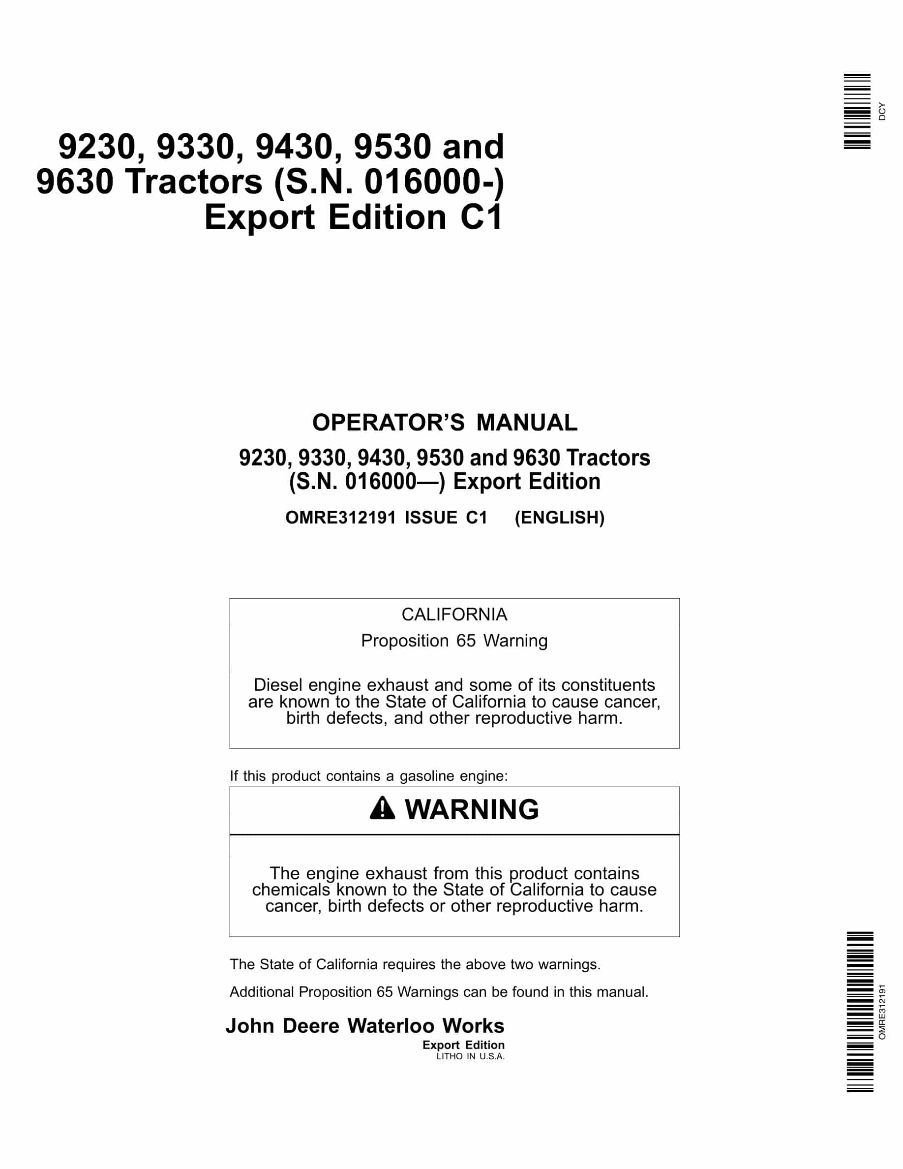 John Deere 9230, 9330, 9430, 9530 And 9630 Tractors Operator Manuals OMRE312191-1