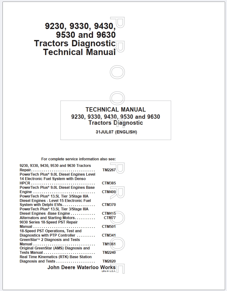 John Deere 9230 to 9630 Tractor Diagnostic Technical Manual TM2254
