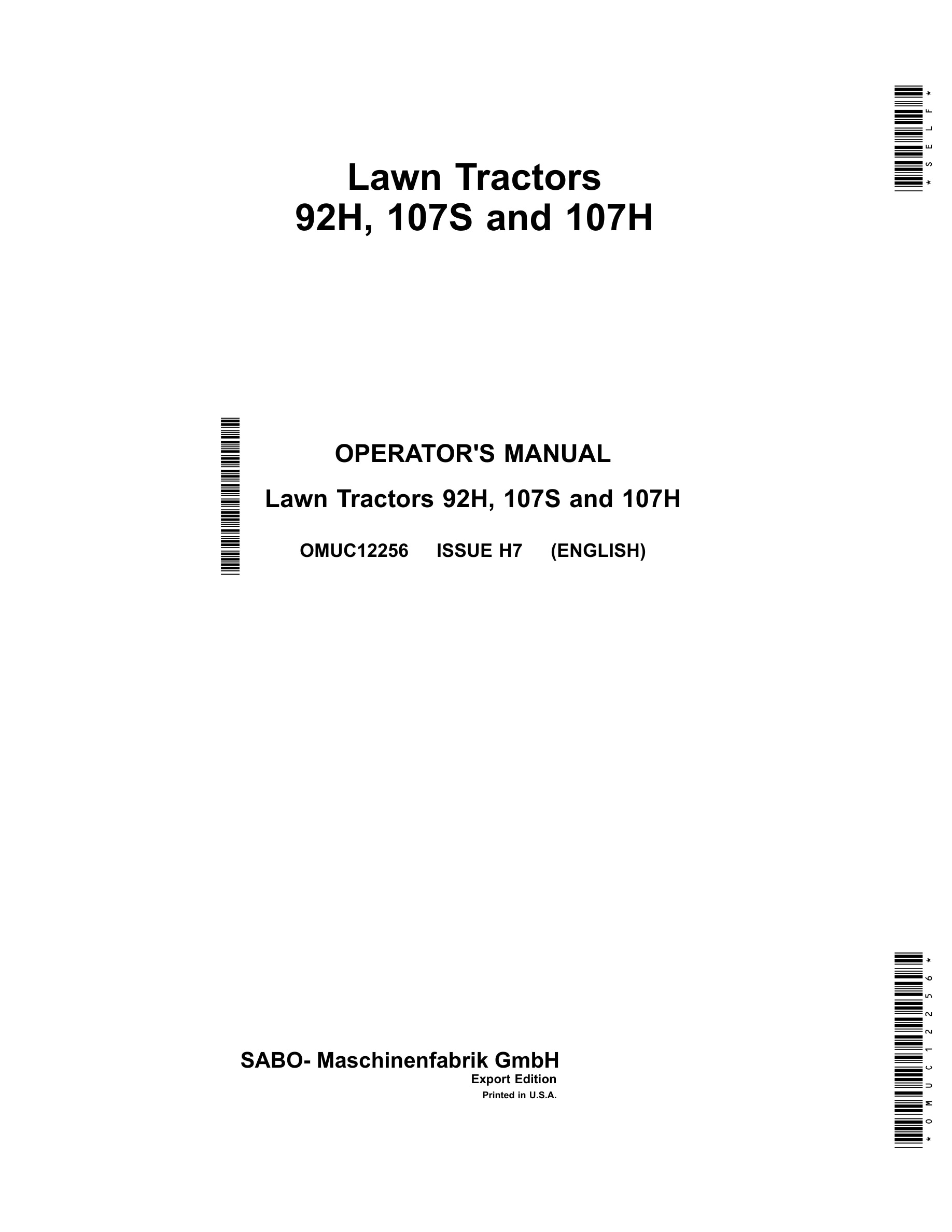 John Deere 92h, 107s And 107h Lawn Tractors Operator Manuals OMUC12256-1