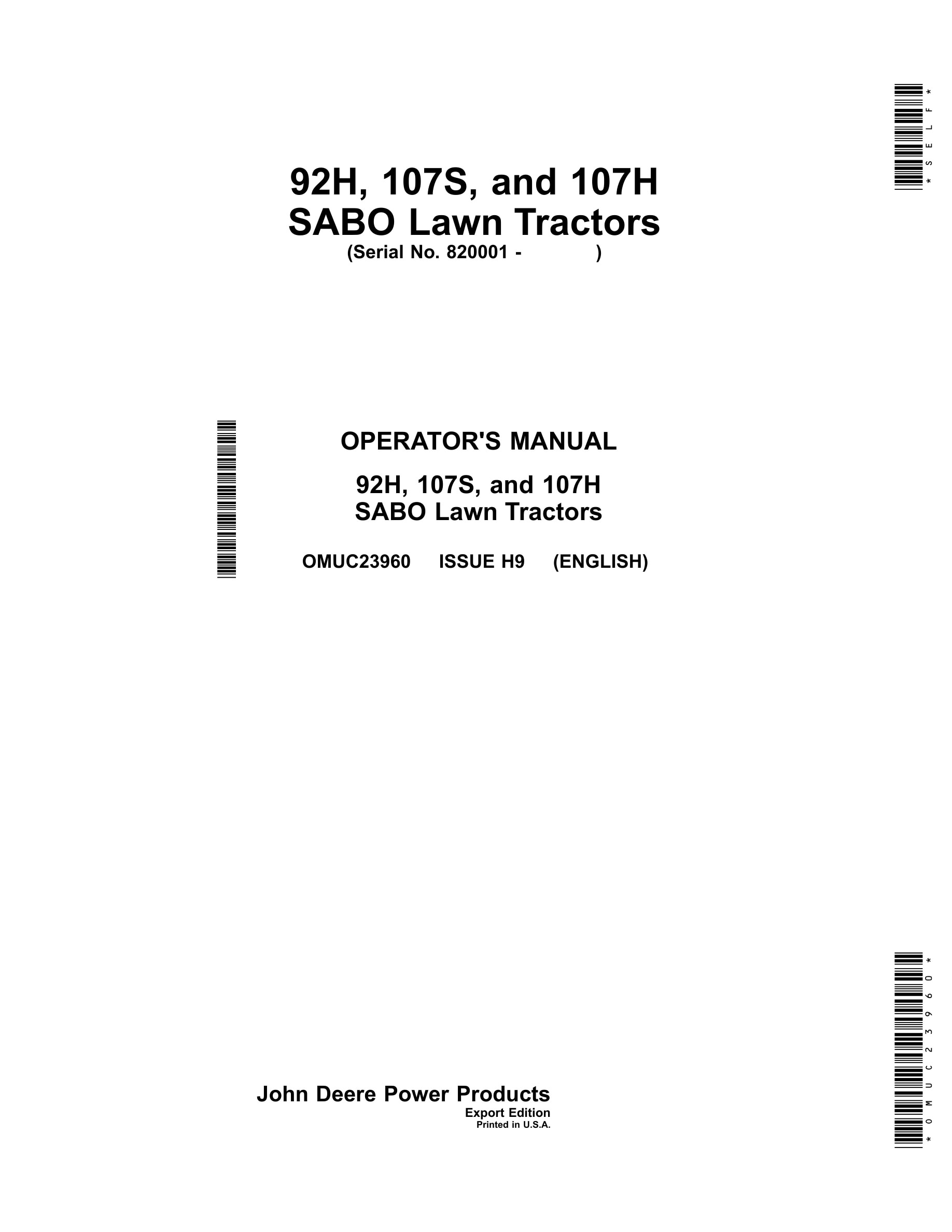 John Deere 92h, 107s, And 107h Sabo Lawn Tractors Operator Manuals OMUC23960-1