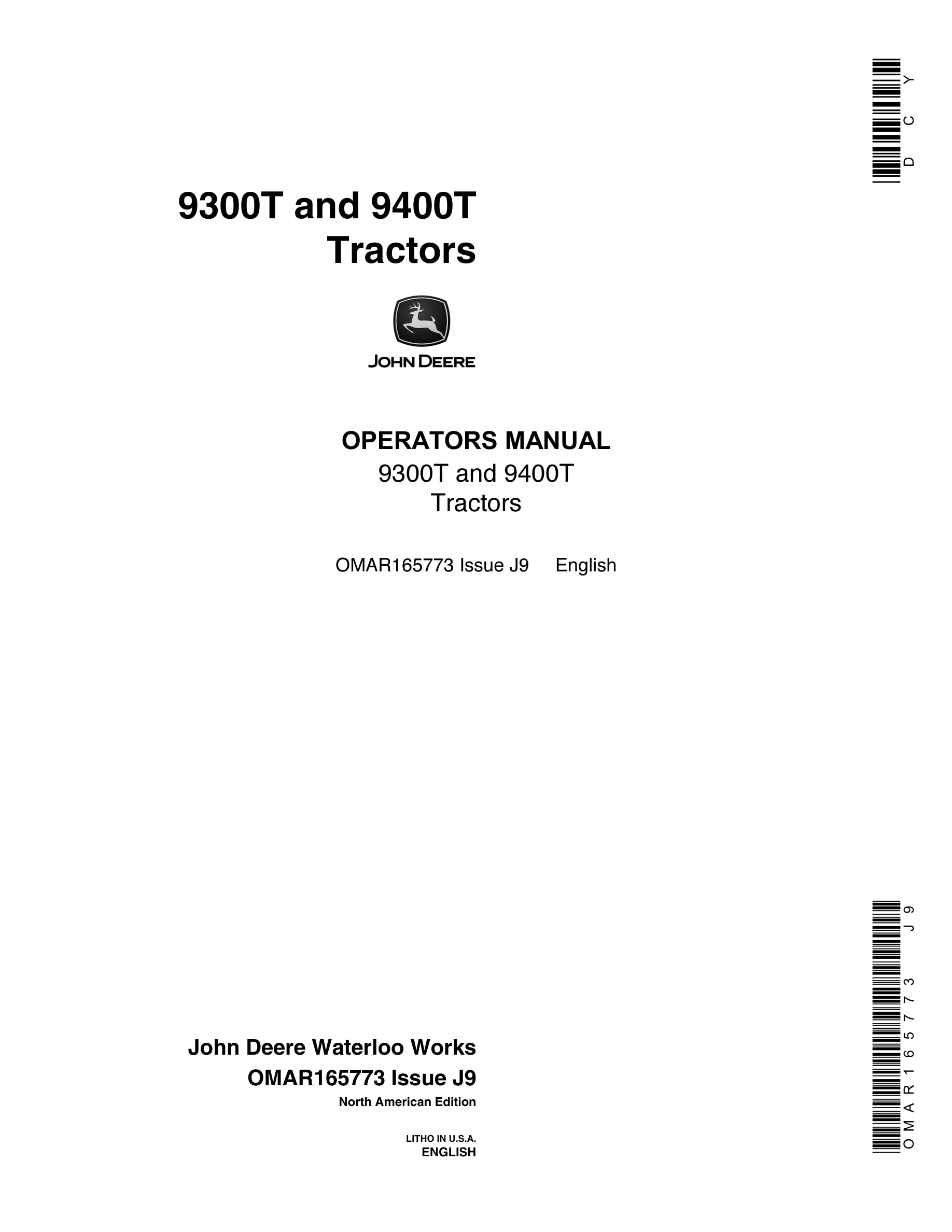 John Deere 9300T 9400T Tractor Operator Manual OMAR165773-1