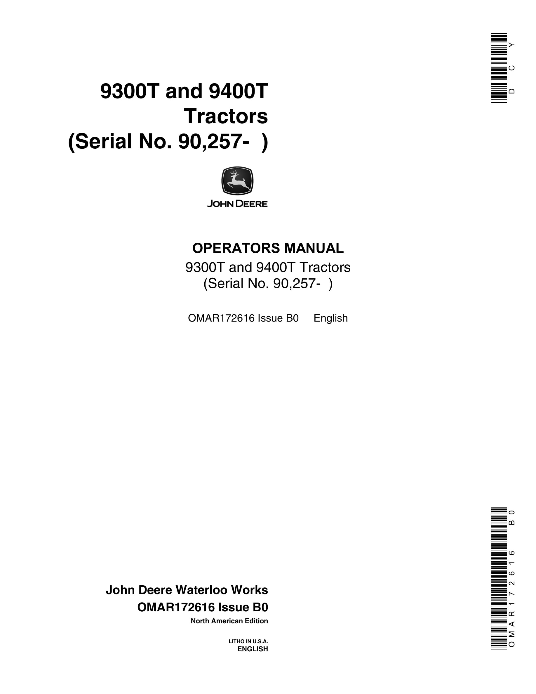 John Deere 9300T and 9400T Tractor Operator Manual OMAR172616-1