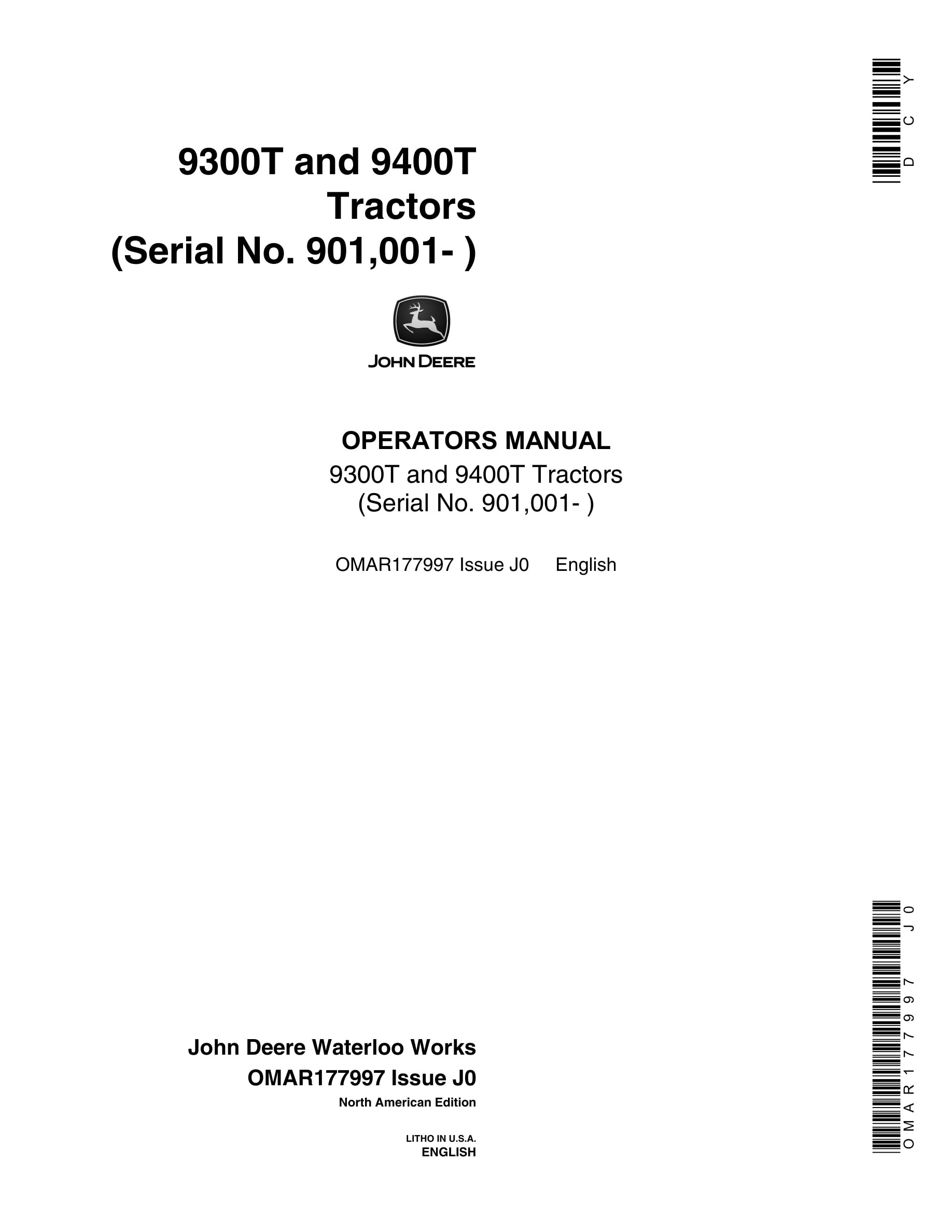 John Deere 9300T and 9400T Tractor Operator Manual OMAR177997-1
