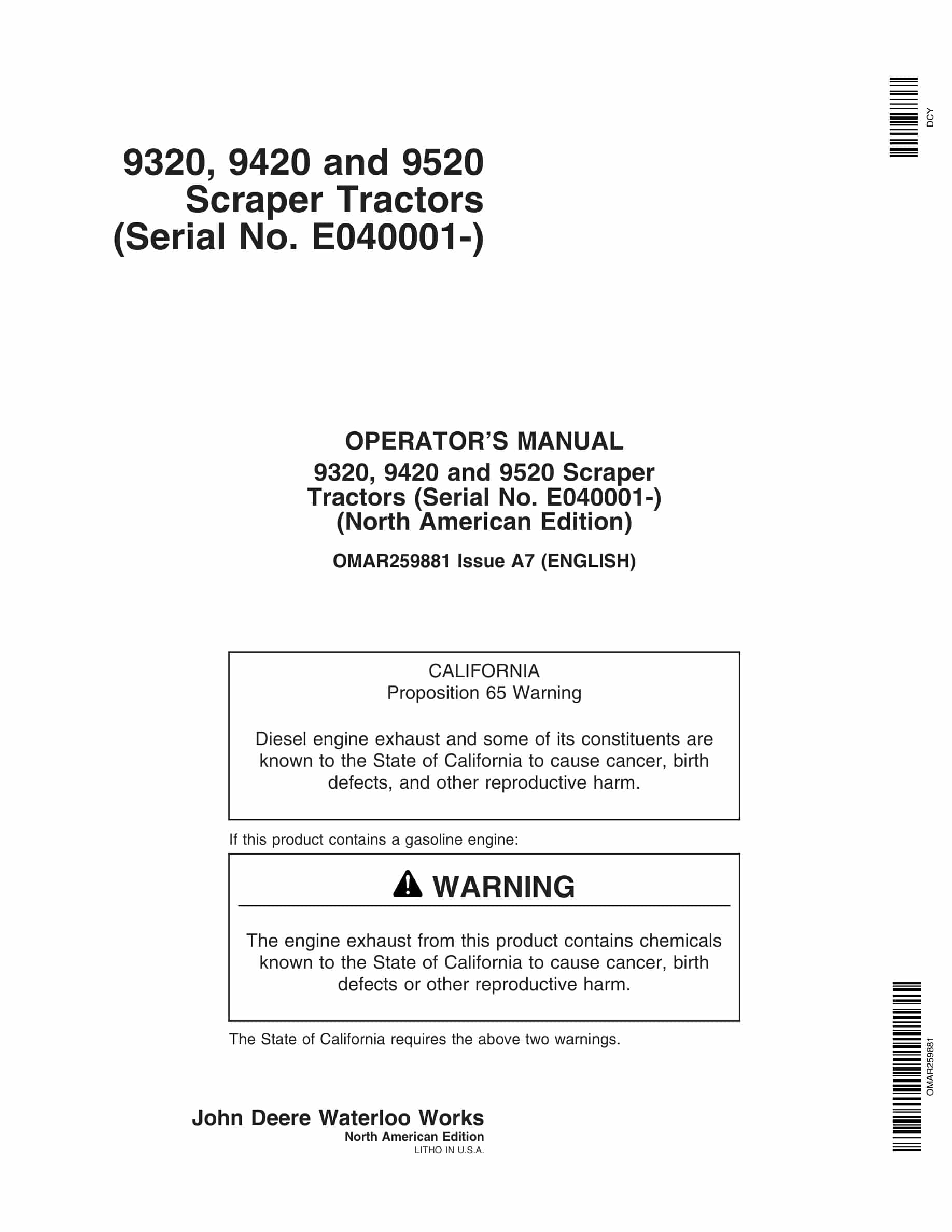 John Deere 9320, 9420 And 9520 Scraper Tractors Operator Manuals OMAR259881-1