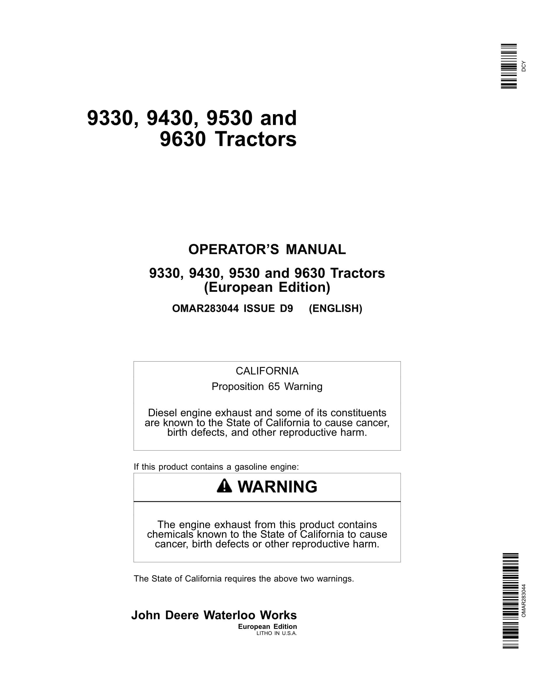 John Deere 9330 9430 9530 9630 Tractors Operator Manuals OMAR283044-1
