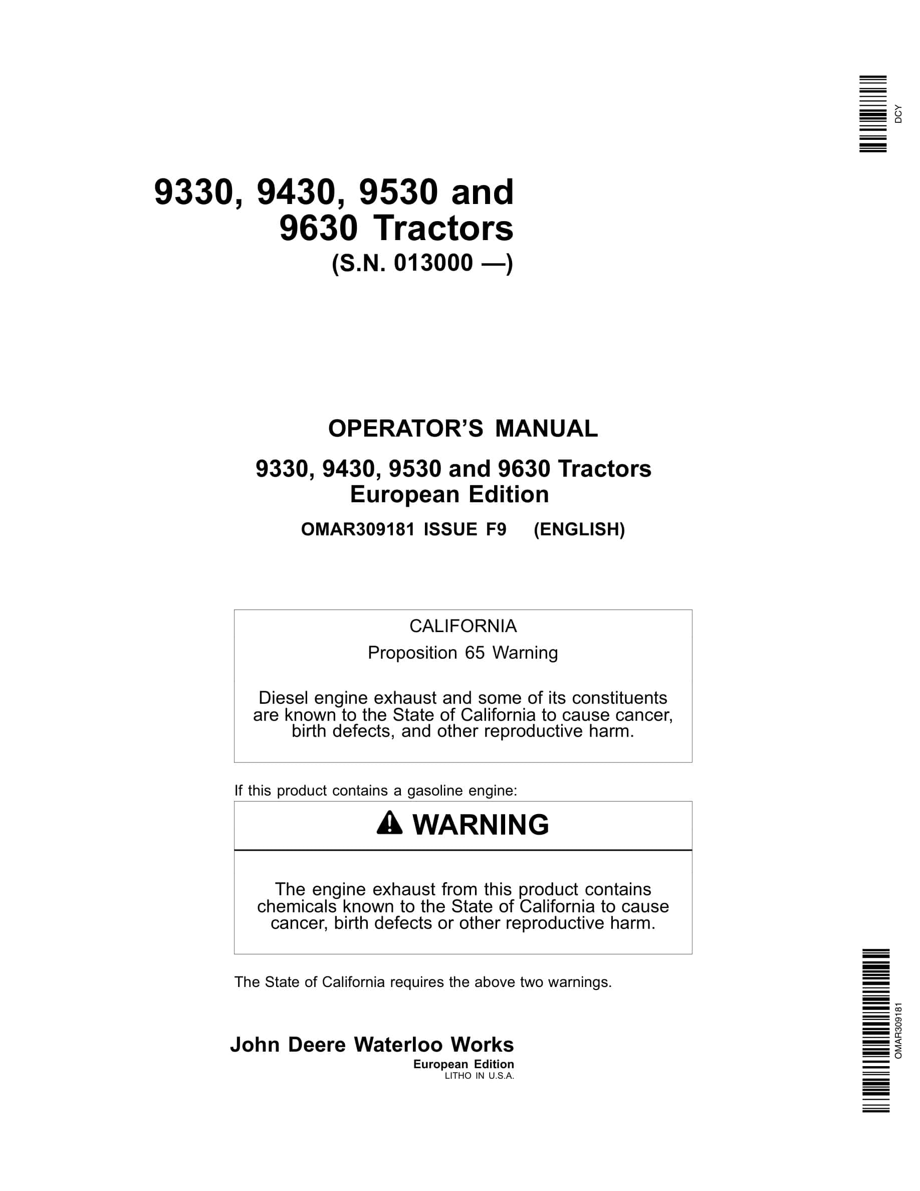 John Deere 9330 9430 9530 9630 Tractors Operator Manuals OMAR309181-1