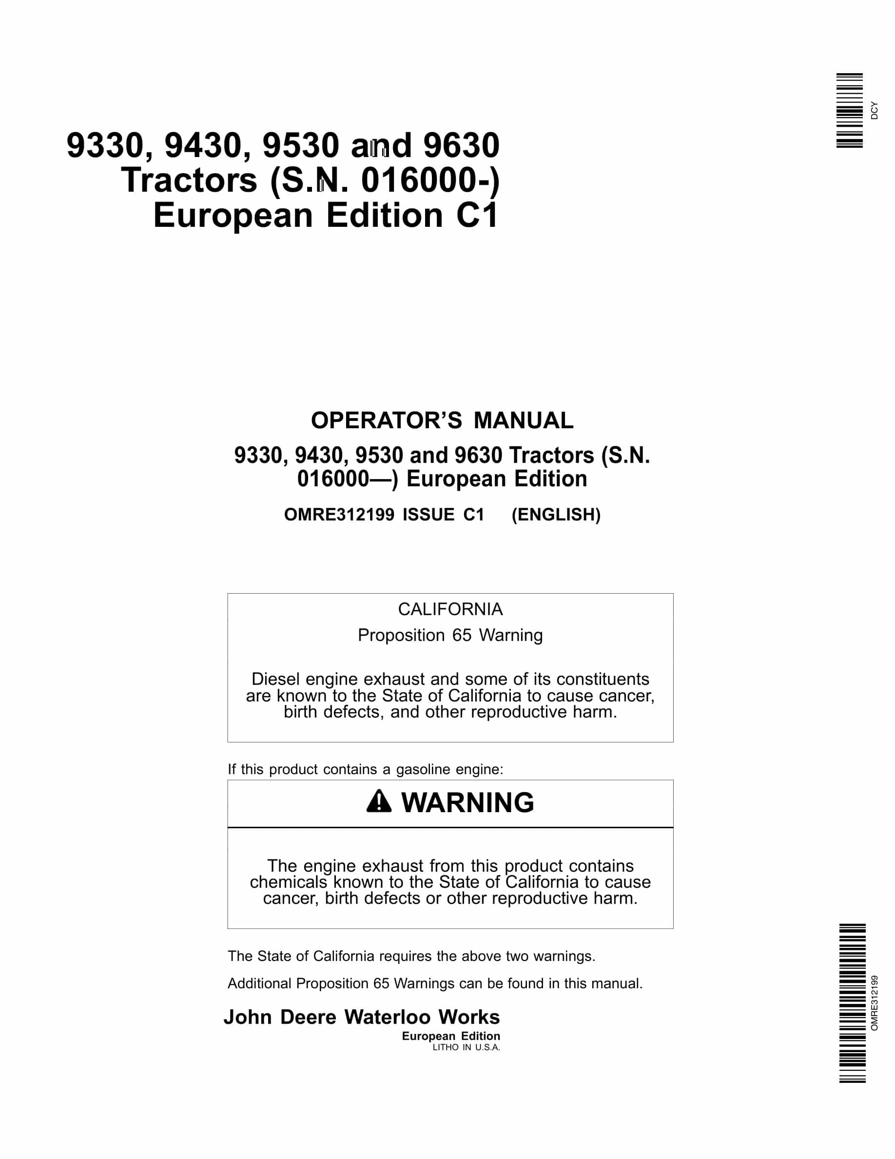 John Deere 9330, 9430, 9530 And 9630 Tractors Operator Manuals OMRE312199-1