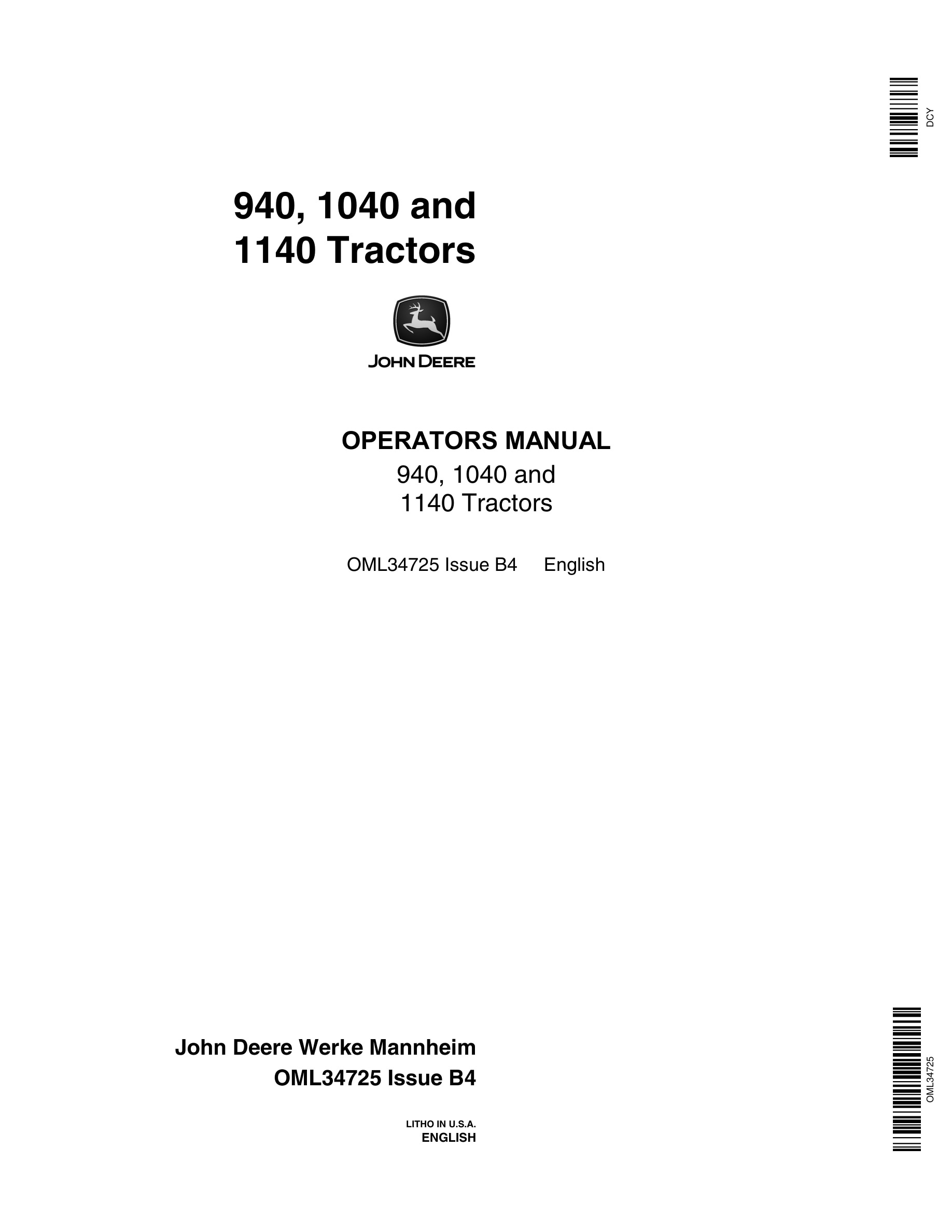 John Deere 940, 1040 and 1140 Tractor Operator Manual OML34725-1