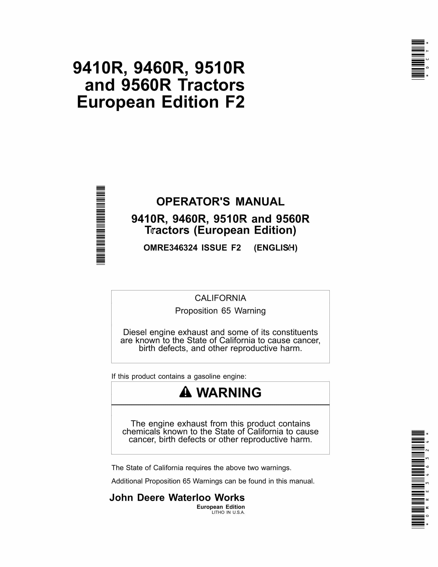 John Deere 9410r, 9460r, 9510r And 9560r Tractors Operator Manuals OMRE346324-1