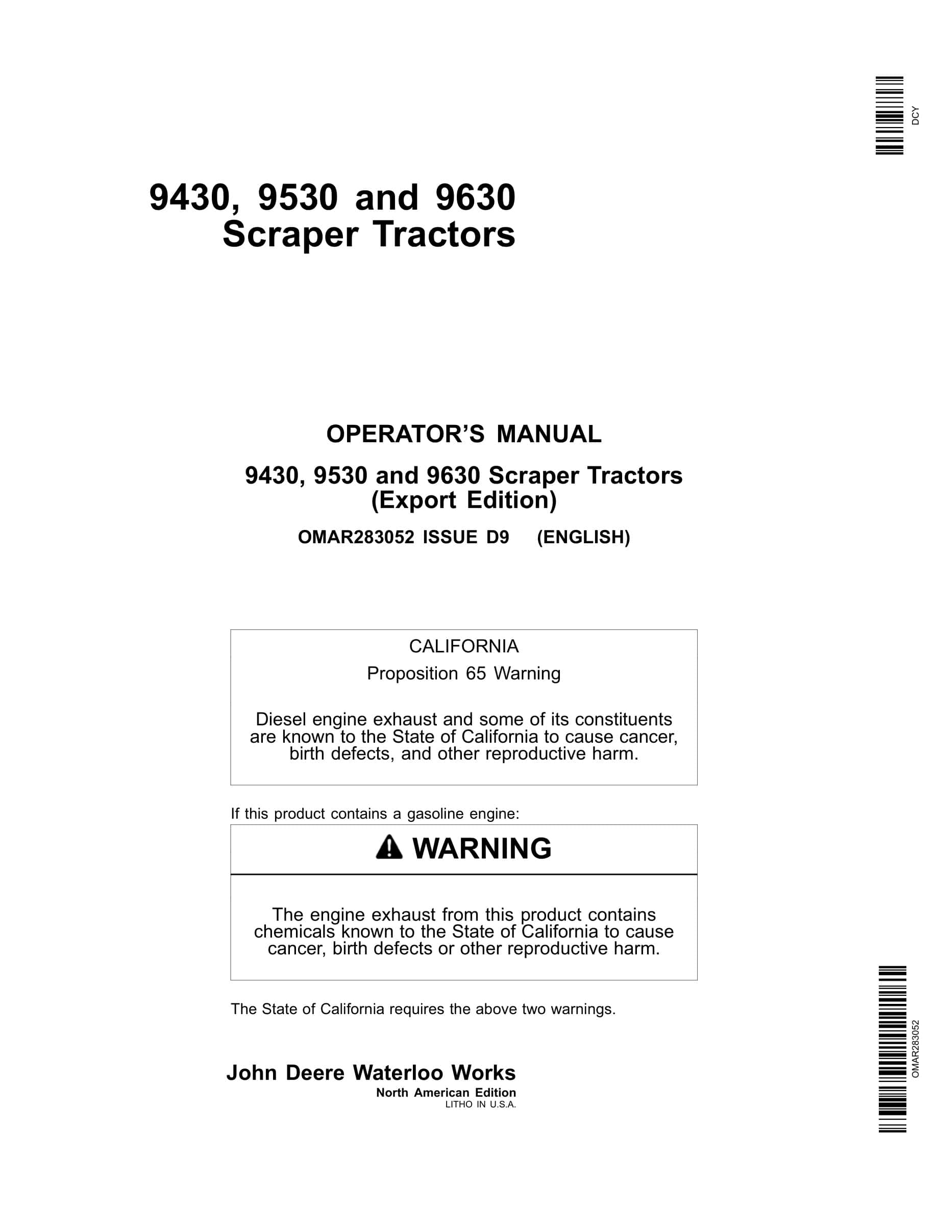 John Deere 9430 9530 9630 Scraper Tractors Operator Manuals OMAR283052-1
