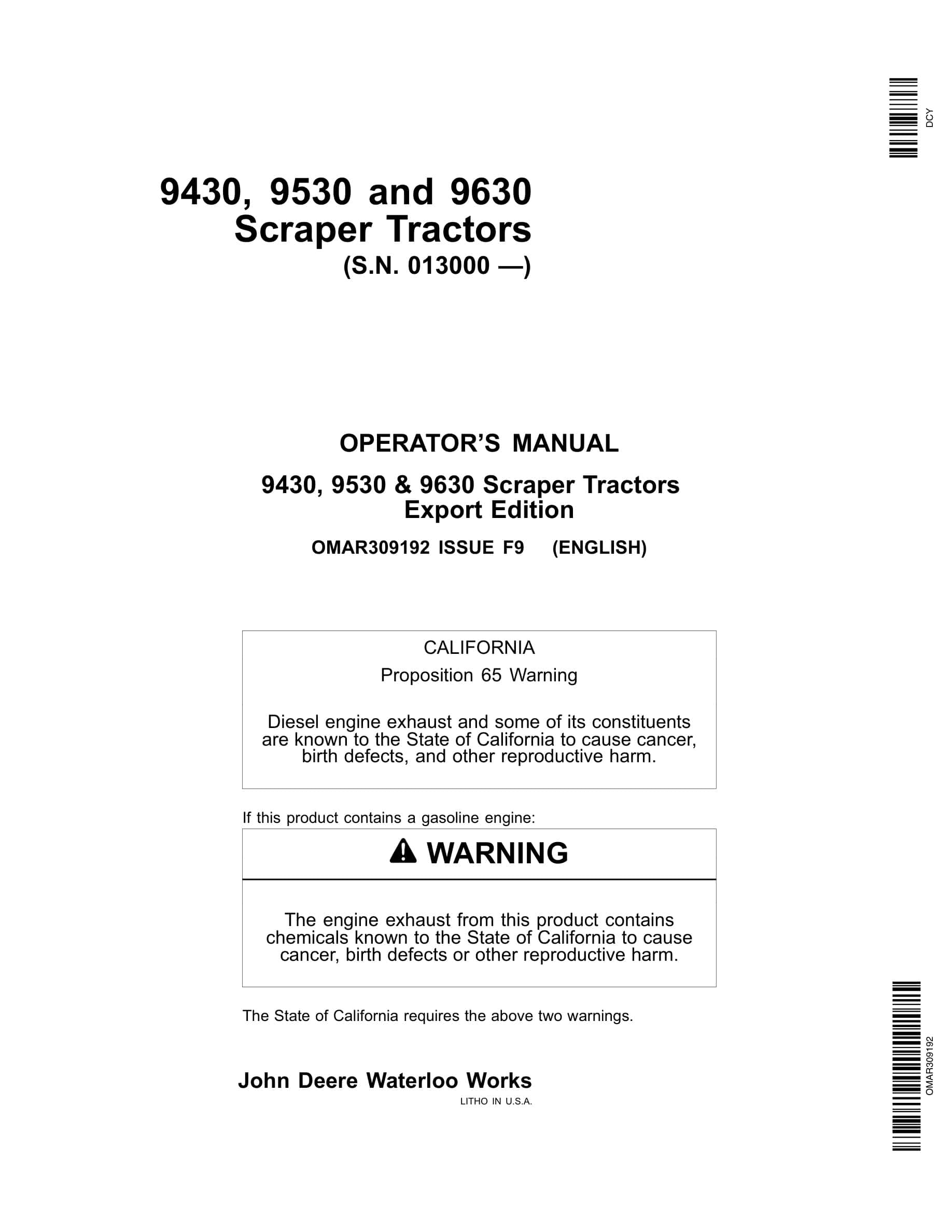 John Deere 9430 9530 9630 Scraper Tractors Operator Manuals OMAR309192-1
