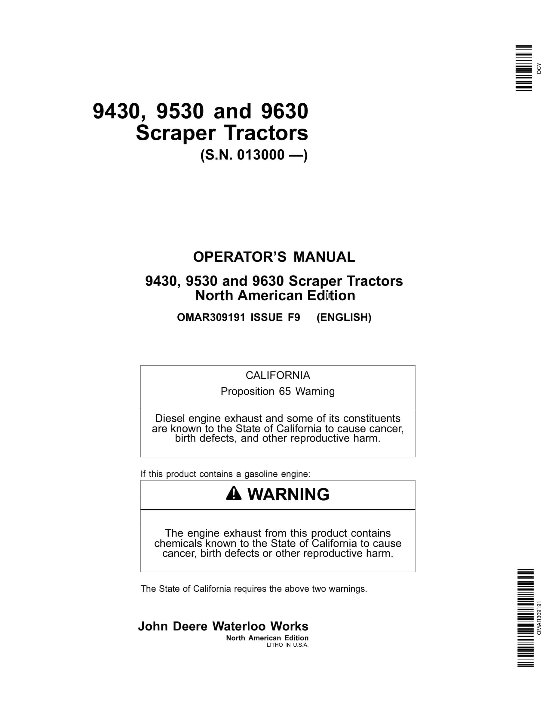 John Deere 9430 9530 9630 Tractor Operator Manual OMAR309191-1
