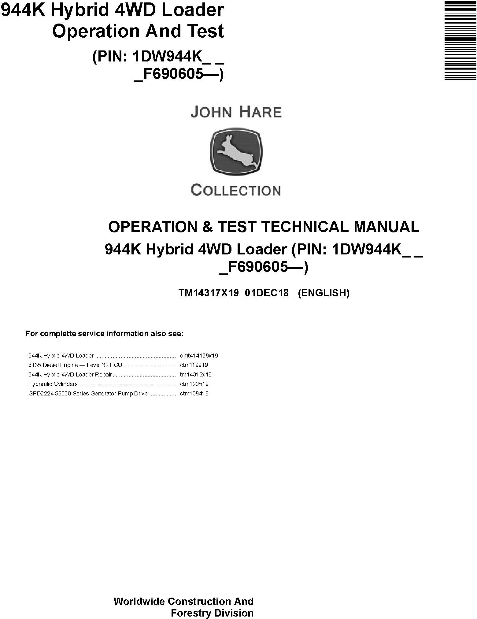 John Deere 944K Hybrid 4WD Loader Operation Test Technical Manual TM14317X19
