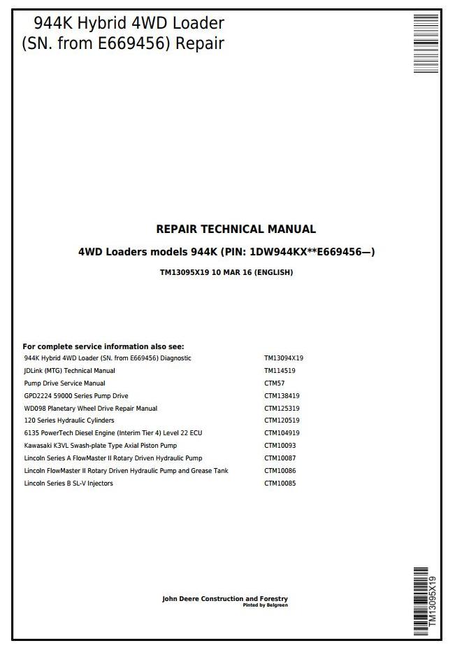 John Deere 944K Hybrid 4WD Loader Repair Technical Manual TM13095X19