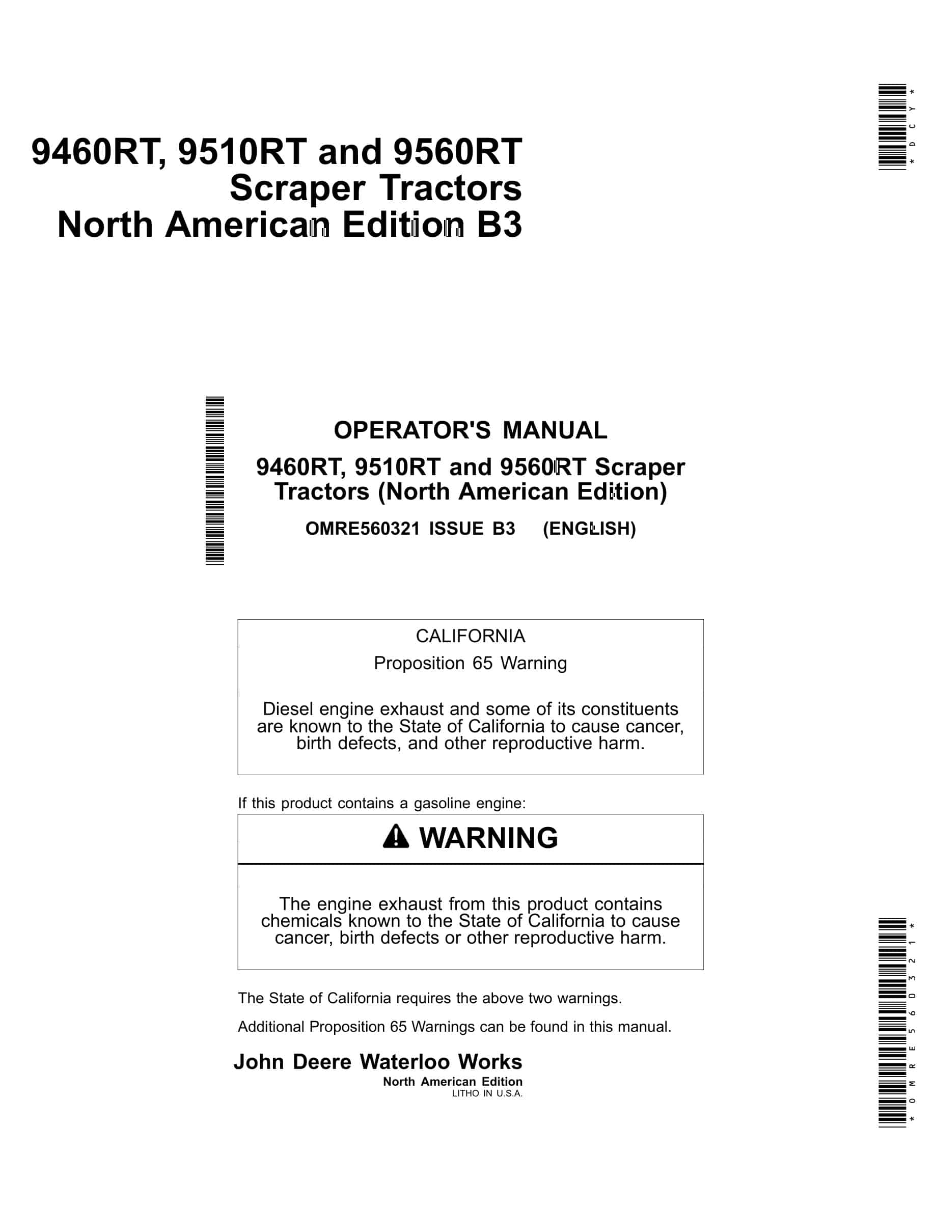 John Deere 9460RT, 9510RT and 9560RT Tractor Operator Manual OMRE560321-1