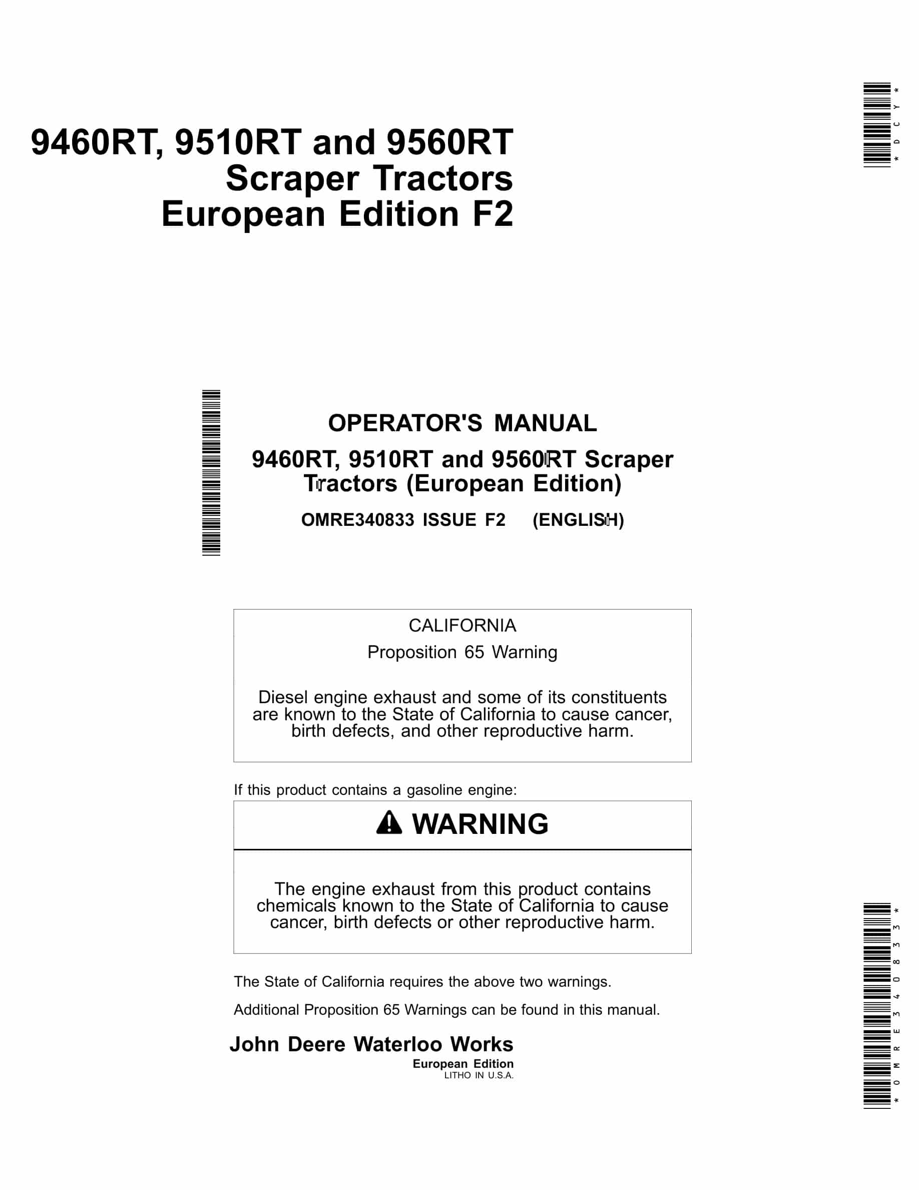 John Deere 9460rt, 9510rt And 9560rt Scraper Tractors Operator Manuals OMRE340833-1