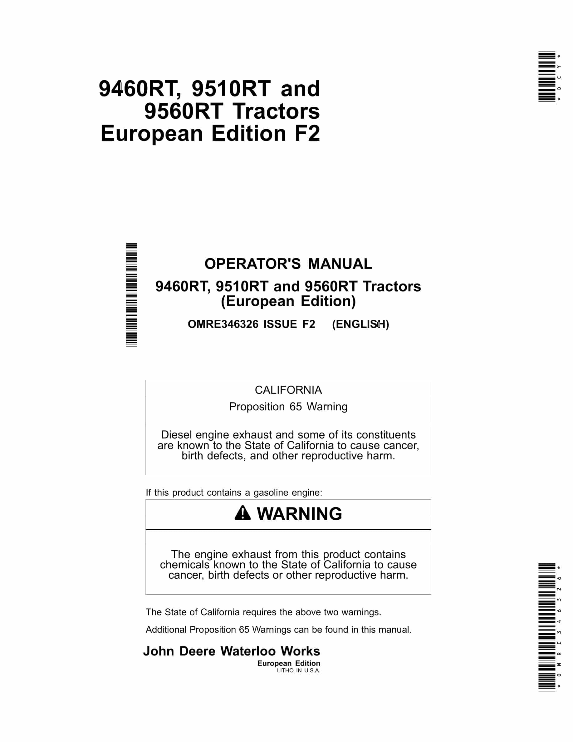 John Deere 9460rt, 9510rt And 9560rt Tractors Operator Manuals OMRE346326-1