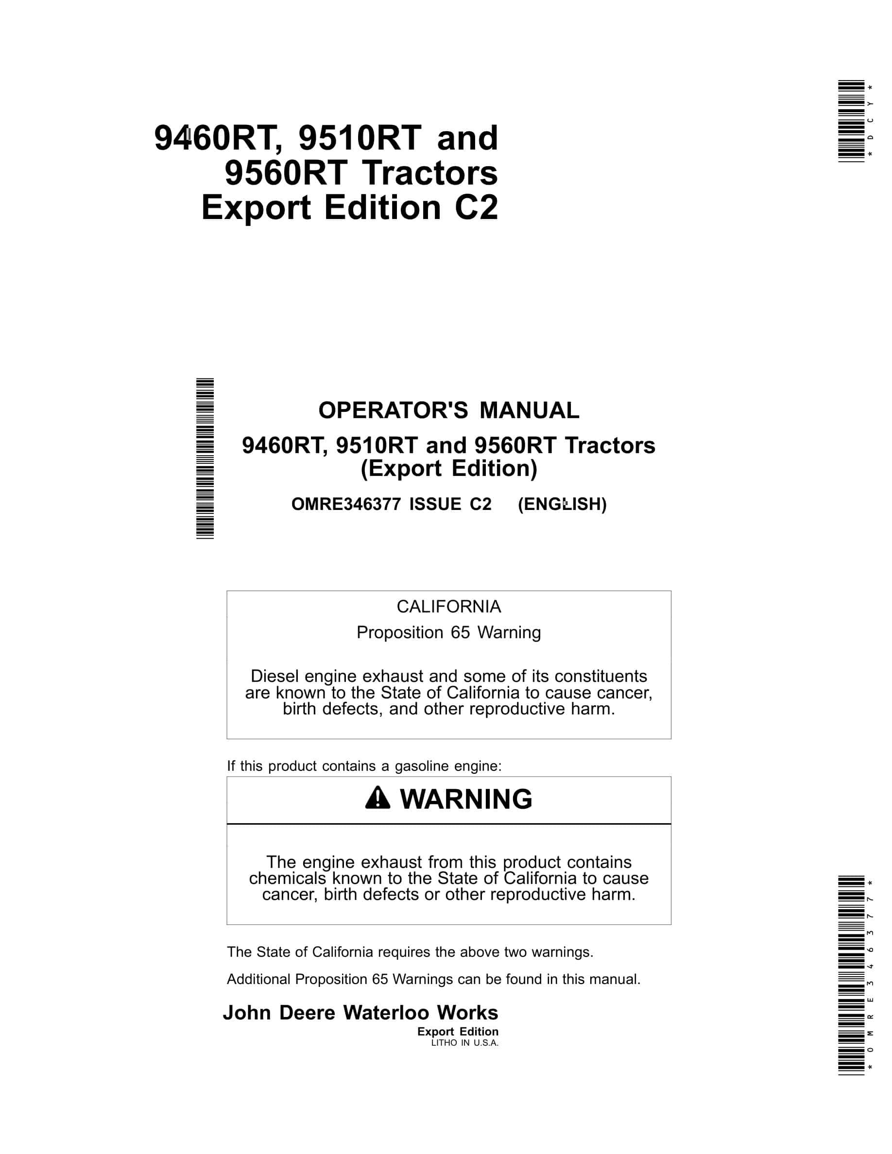 John Deere 9460rt, 9510rt And 9560rt Tractors Operator Manuals OMRE346377-1