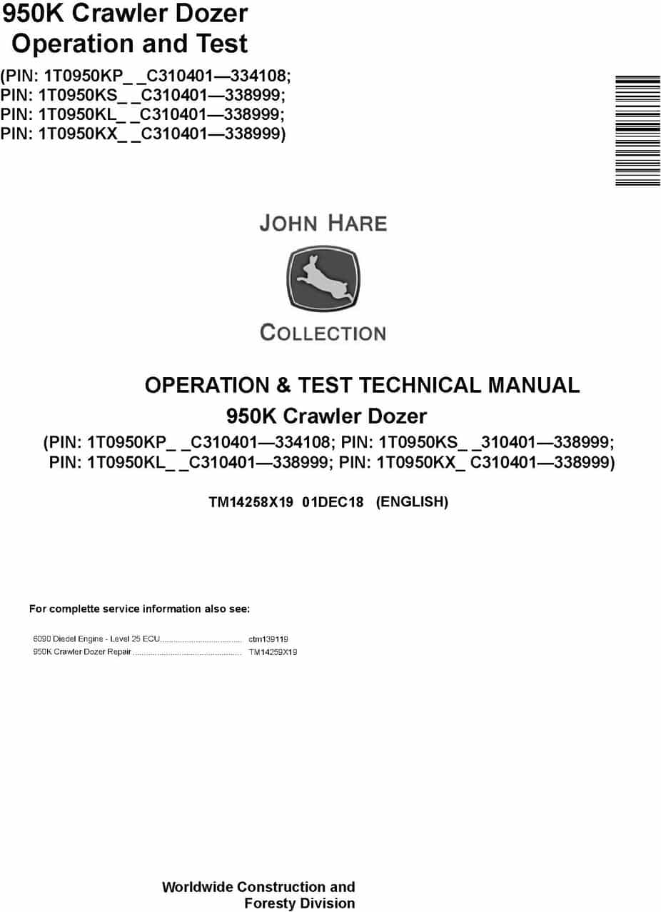 John Deere 950K Crawler Dozer Operation Test Technical Manual TM14258X19