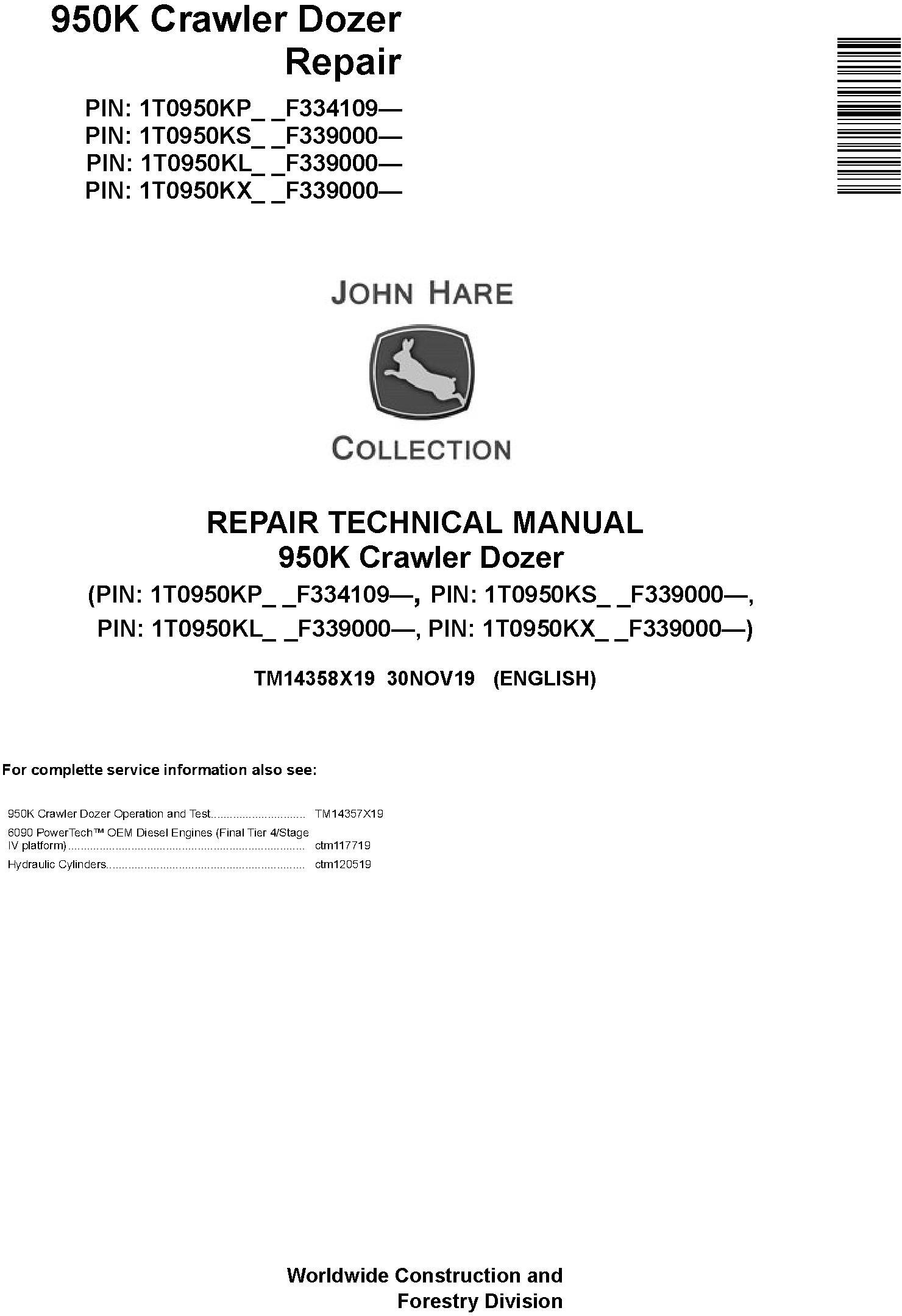 John Deere 950K Crawler Dozer Repair Technical Manual TM14358X19