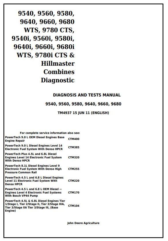 John Deere 9540 to 9780i CTS Combine Diagnosis Test Manual TM4937