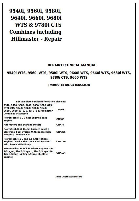 John Deere 9660 9540i 9560i 9580i 9640i 9660i 9680i WTS 9780i CTS Combine Repair Technical Manual TM8090