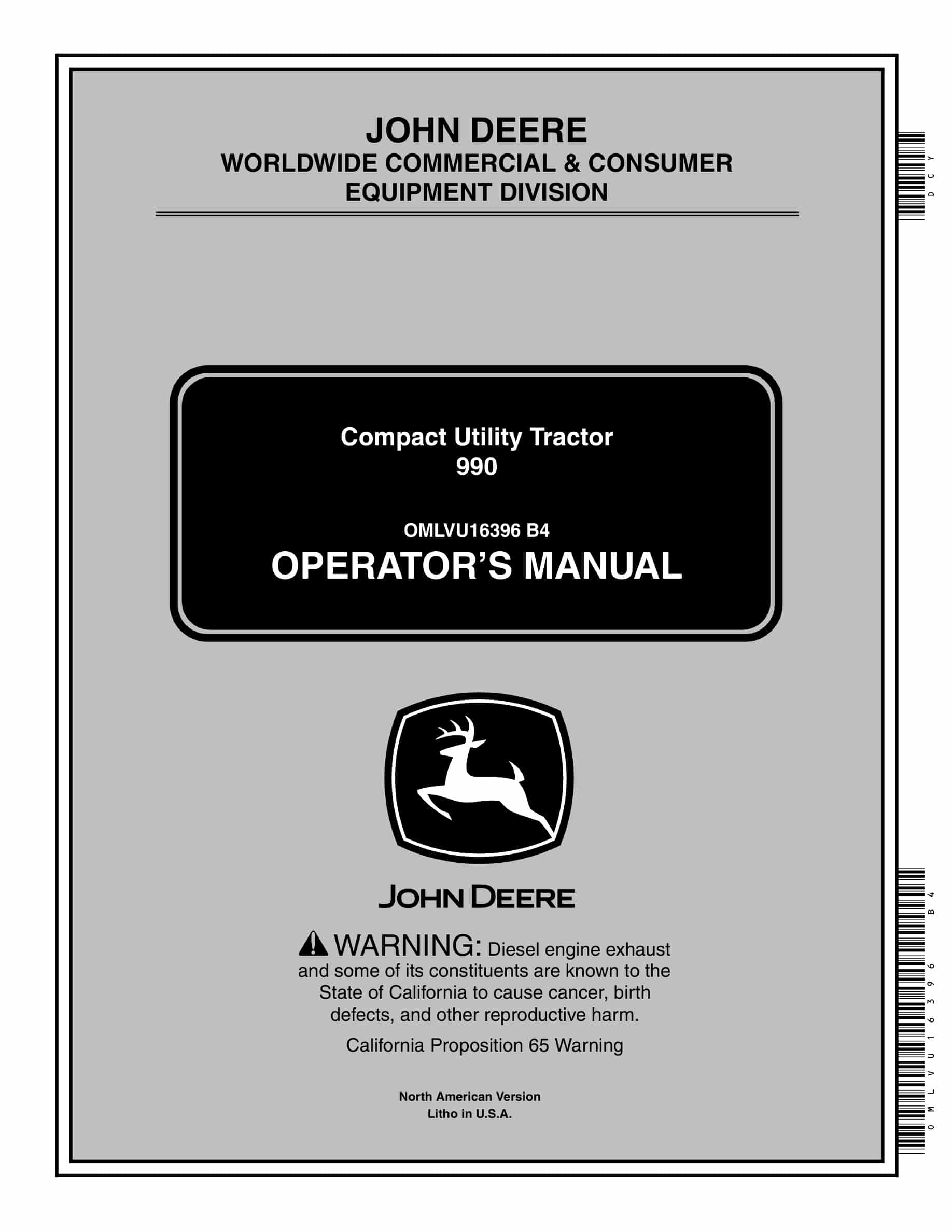 John Deere 990 Tractor Operator Manual OMLVU16396-1