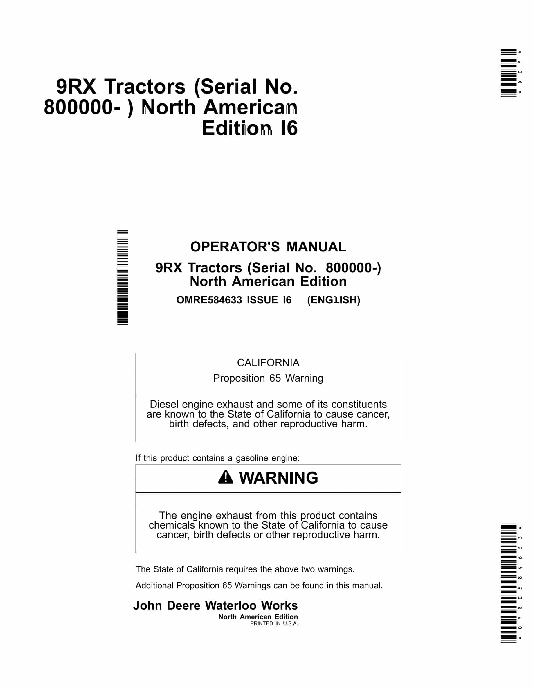 John Deere 9RX Tractor Operator Manual OMRE584633-1