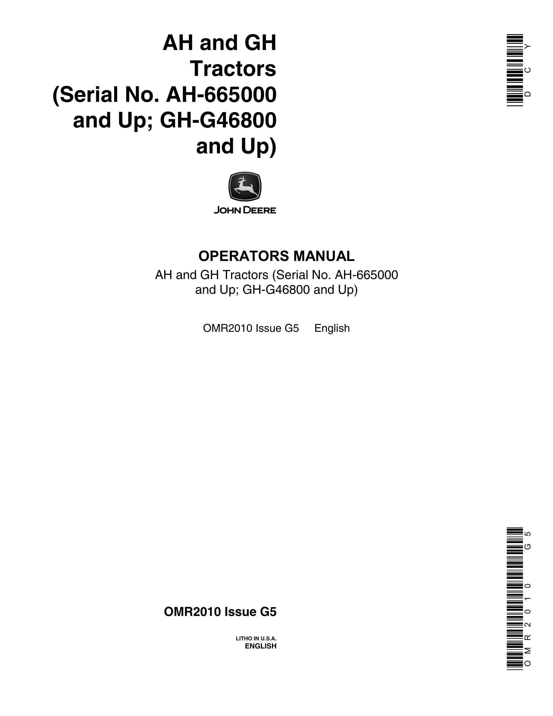John Deere AH and GH Tractor Operator Manual OMR2010-1