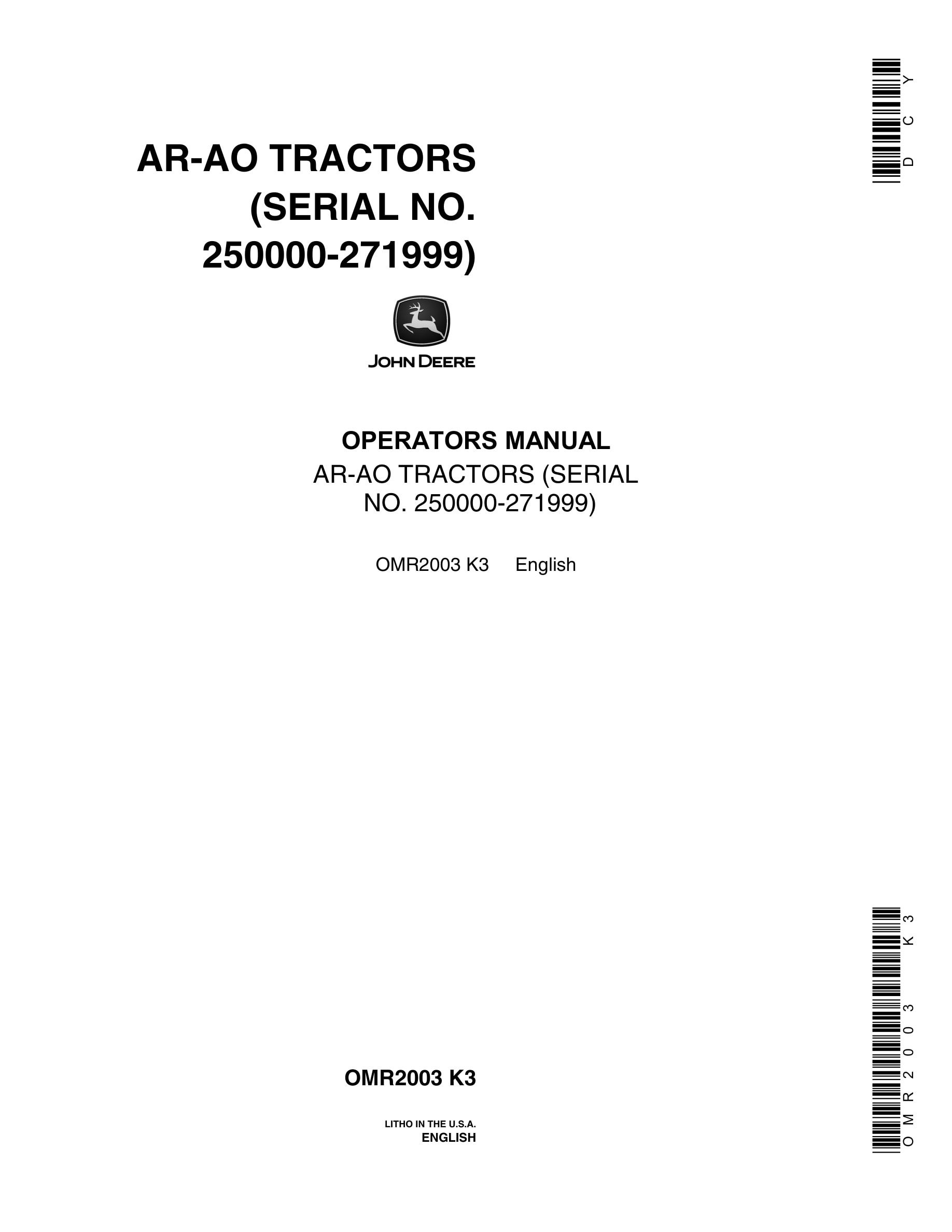 John Deere AR-AO Tractor Operator Manual OMR2003-1