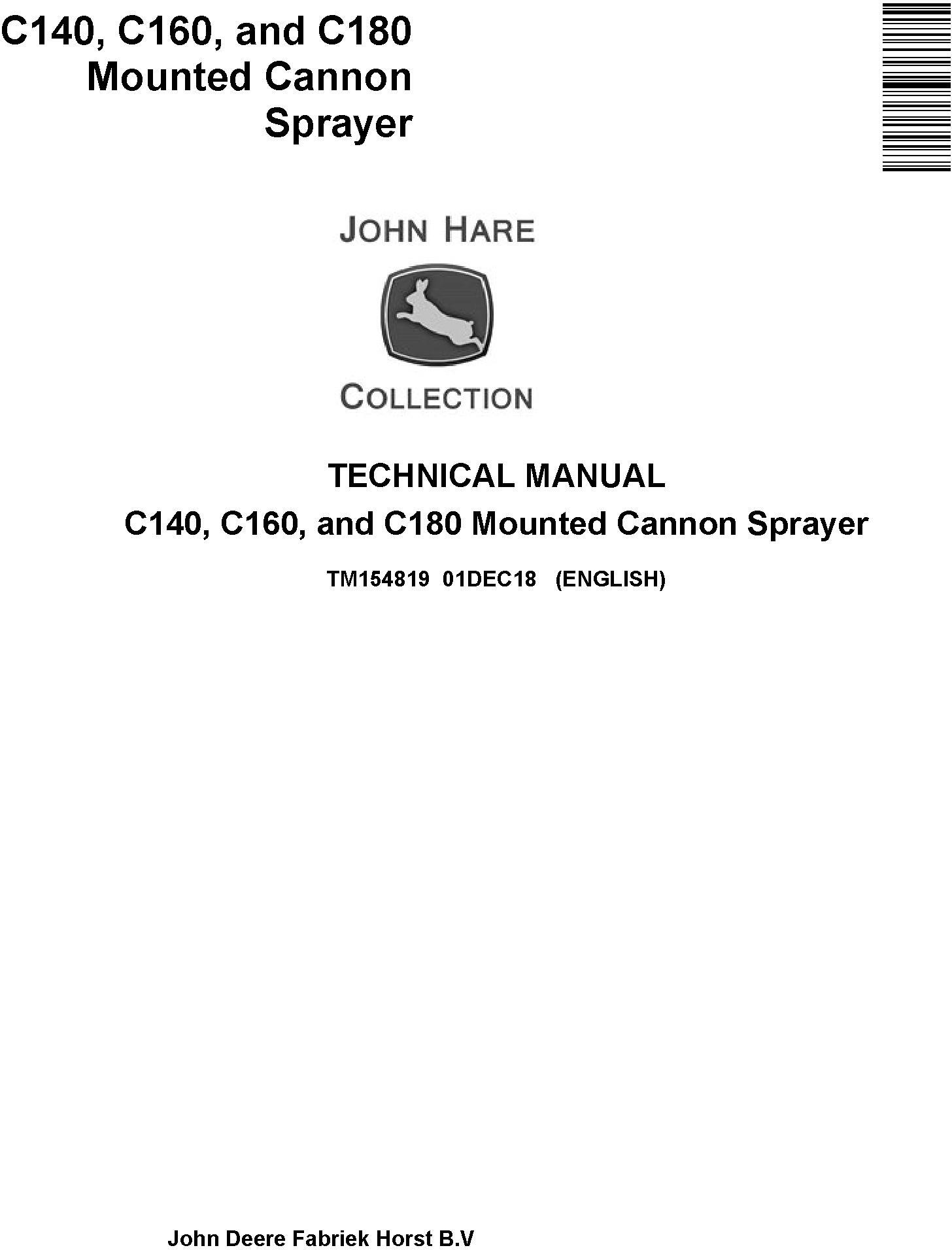 John Deere C140 C160 C180 Mounted Cannon Sprayer Technical Manual TM154819