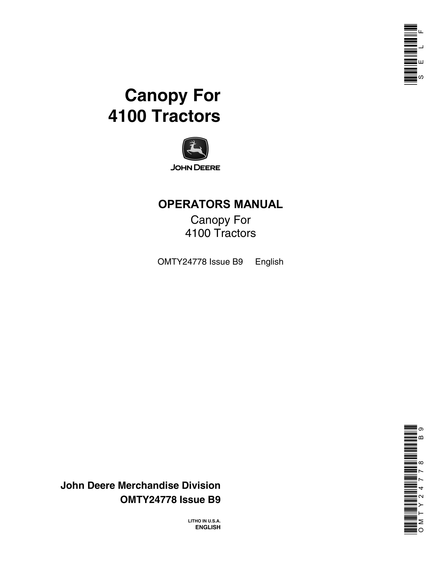 John Deere Canopy For 4100 Tractors Operator Manuals OMTY24778-1