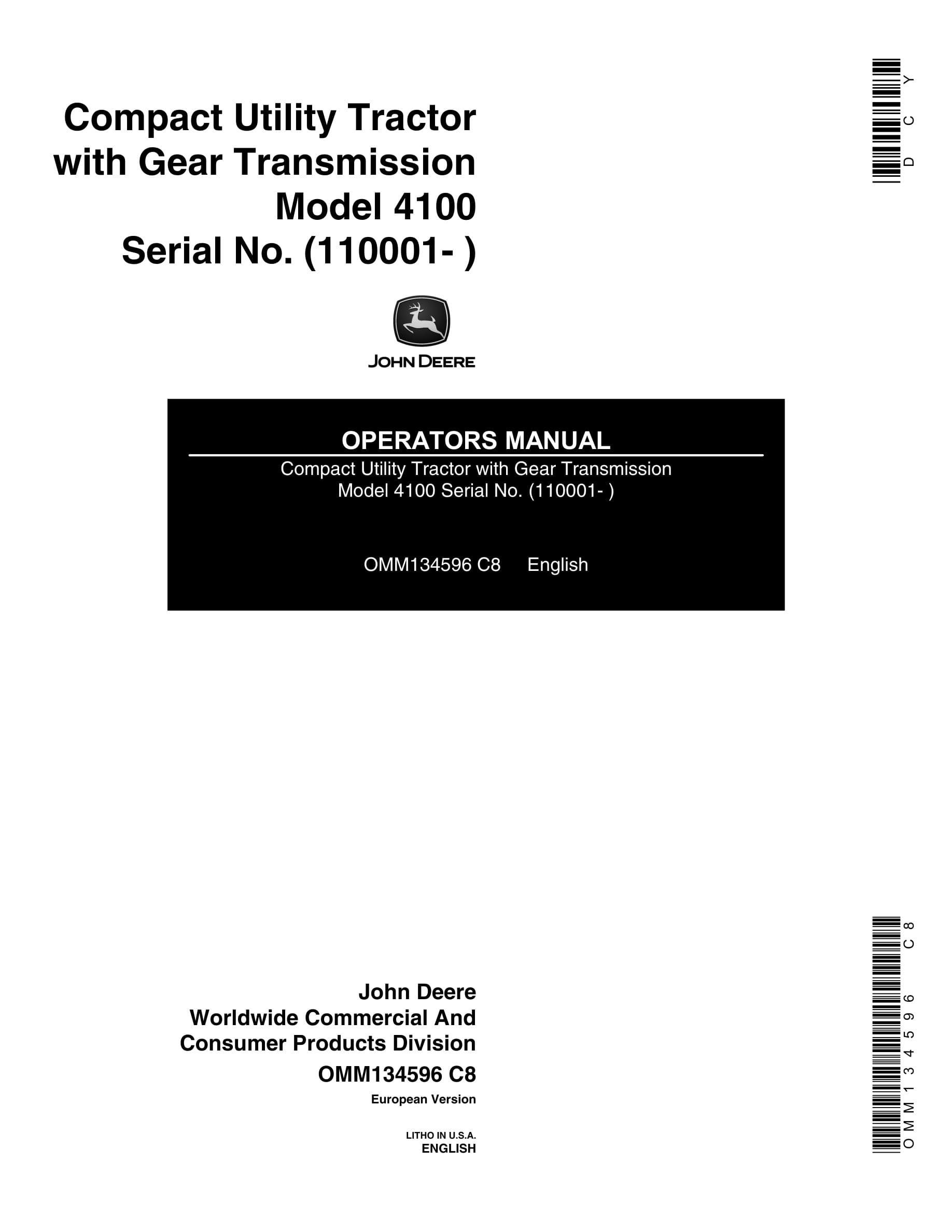 John Deere Compact Utility Tractors Operator Manual With Gear Transmission 4100 OMM134596-1
