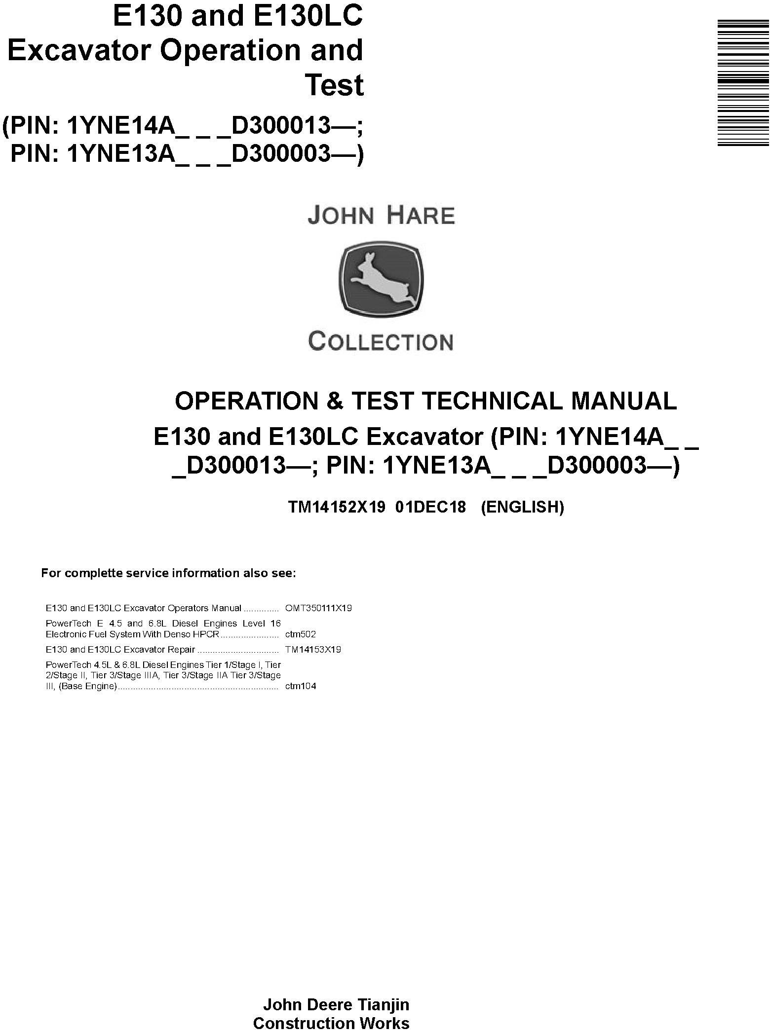John Deere E130 E130LC Excavator Operation Test Technical Manual TM14152X19