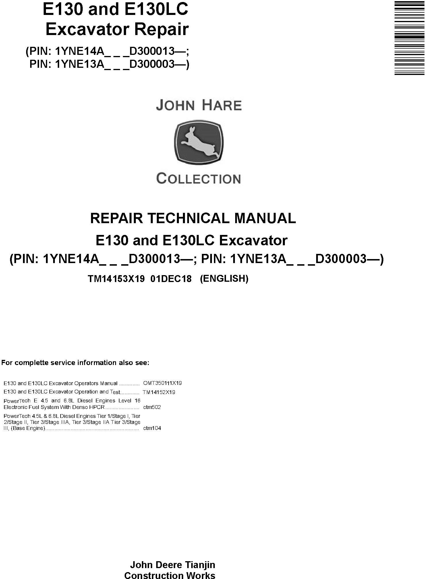 John Deere E130 E130LC Excavator Repair Technical Manual TM14153X19