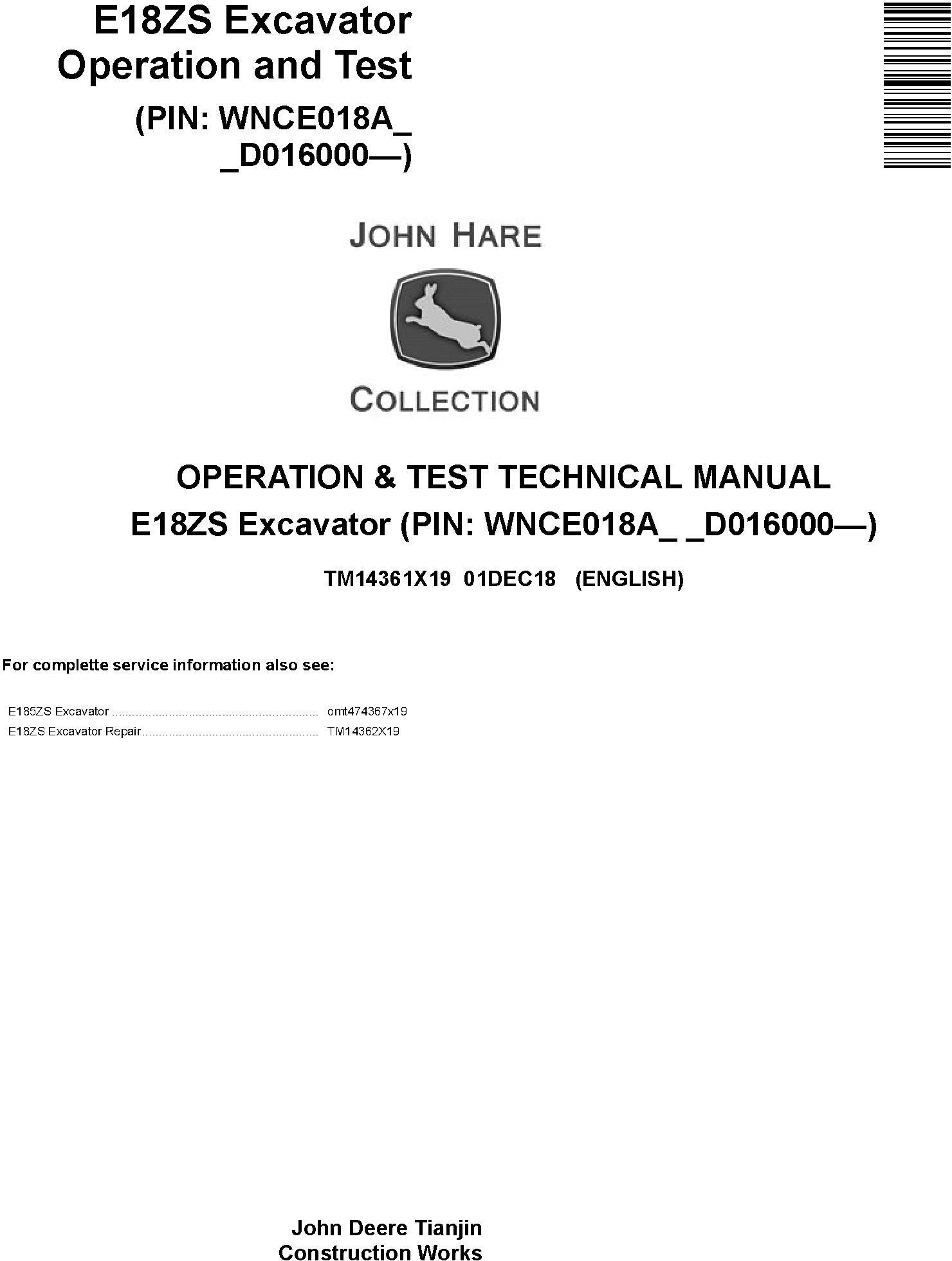John Deere E18ZS Excavator Operation Test Technical Manual TM14361X19
