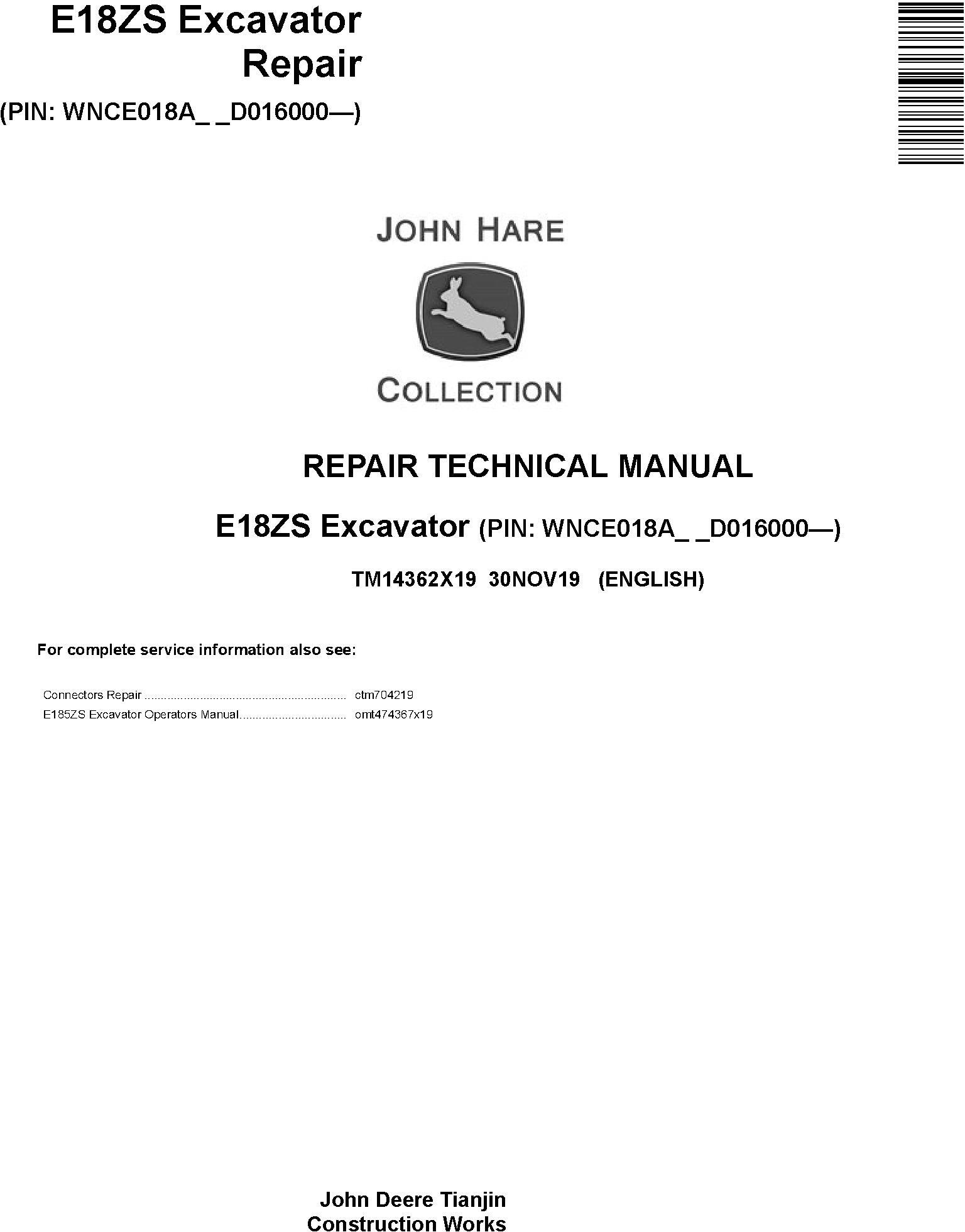 John Deere E18ZS Excavator Repair Technical Manual TM14362X19